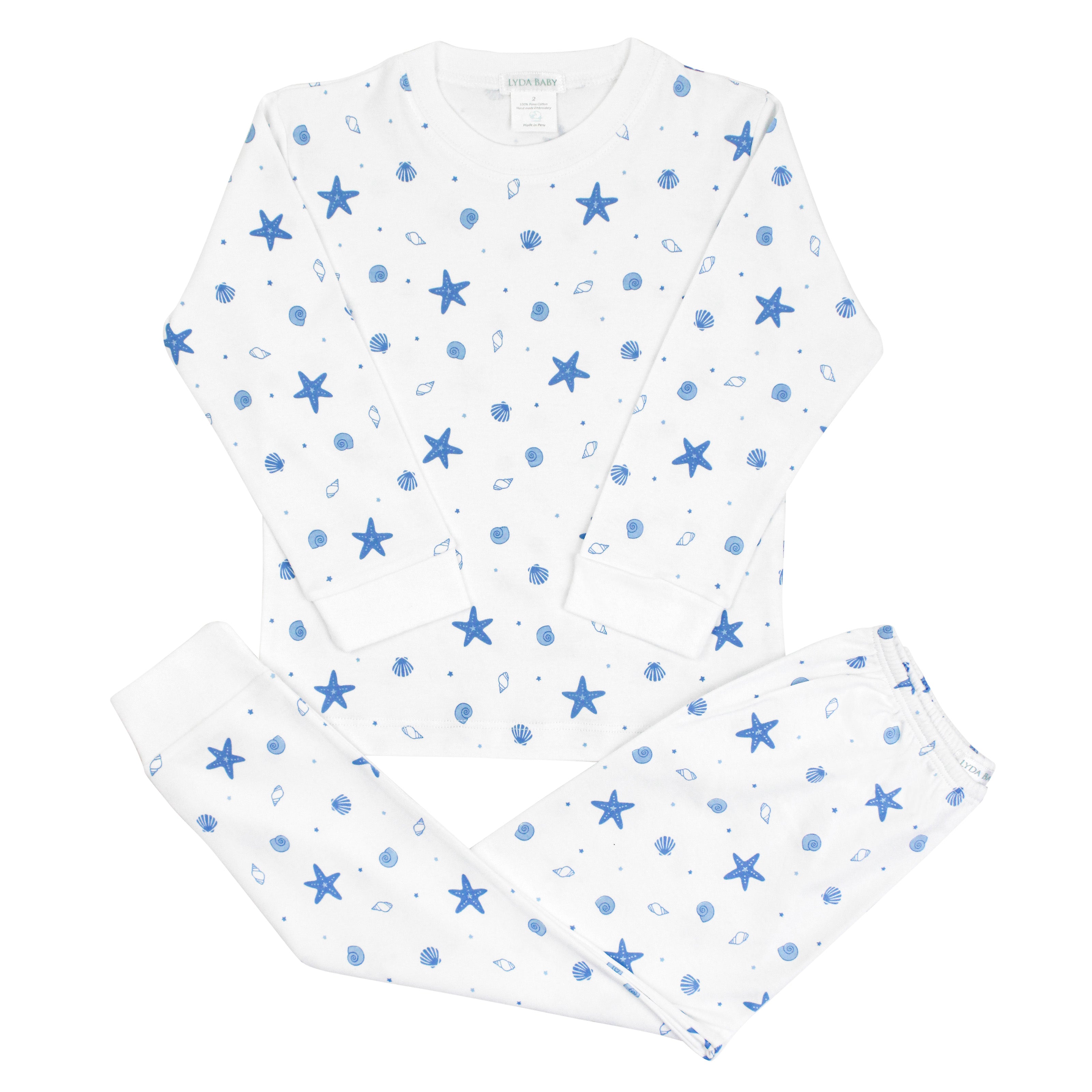 Soft baby boy pajama set in Peruvian Pima cotton with 'Tiny sea shells' print — breathable and hypoallergenic luxury sleepwear from boutique baby clothing collections.
