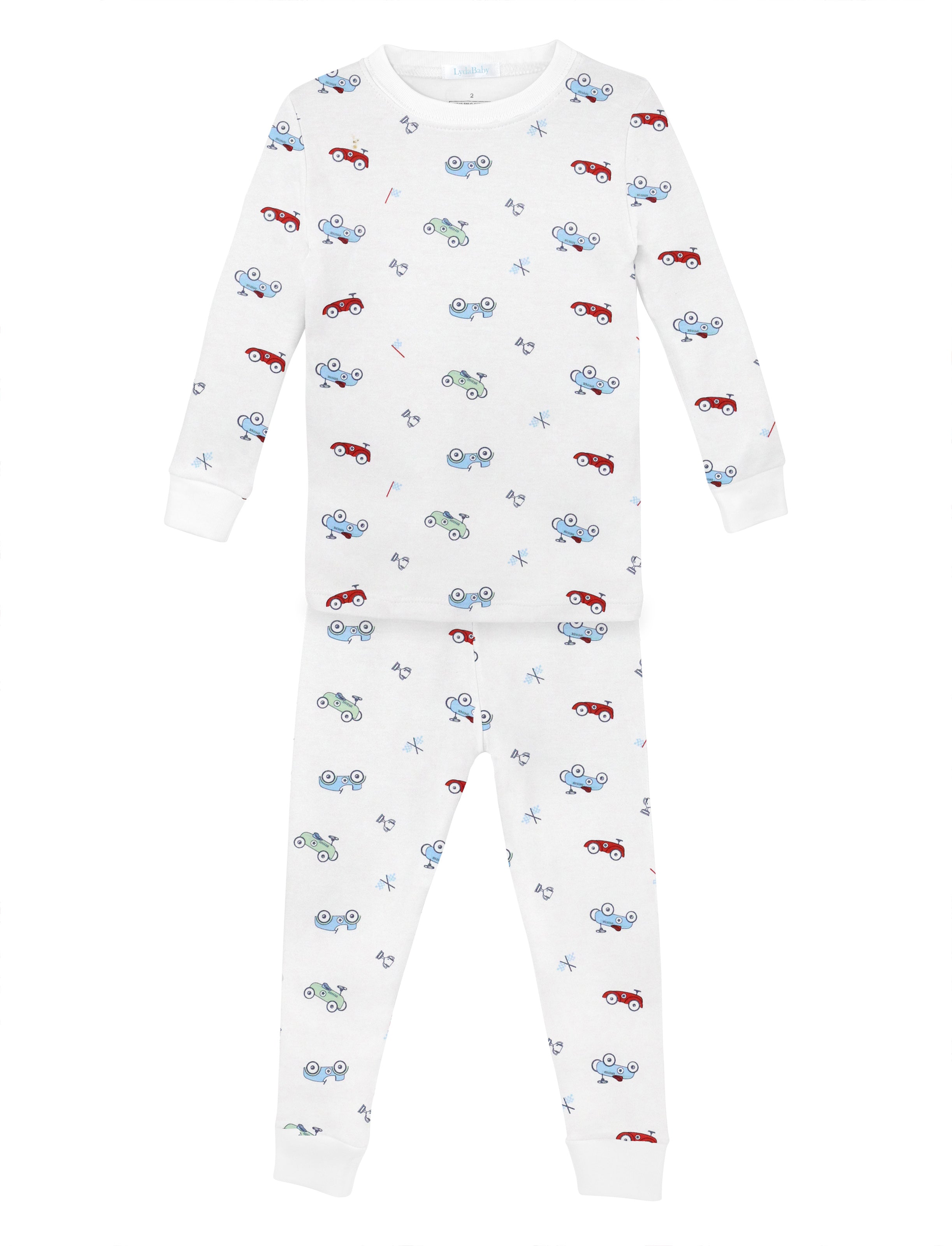 Soft baby boy pajama set in Peruvian Pima cotton with 'Toy cars' print — breathable and hypoallergenic luxury sleepwear from boutique baby clothing collections.
