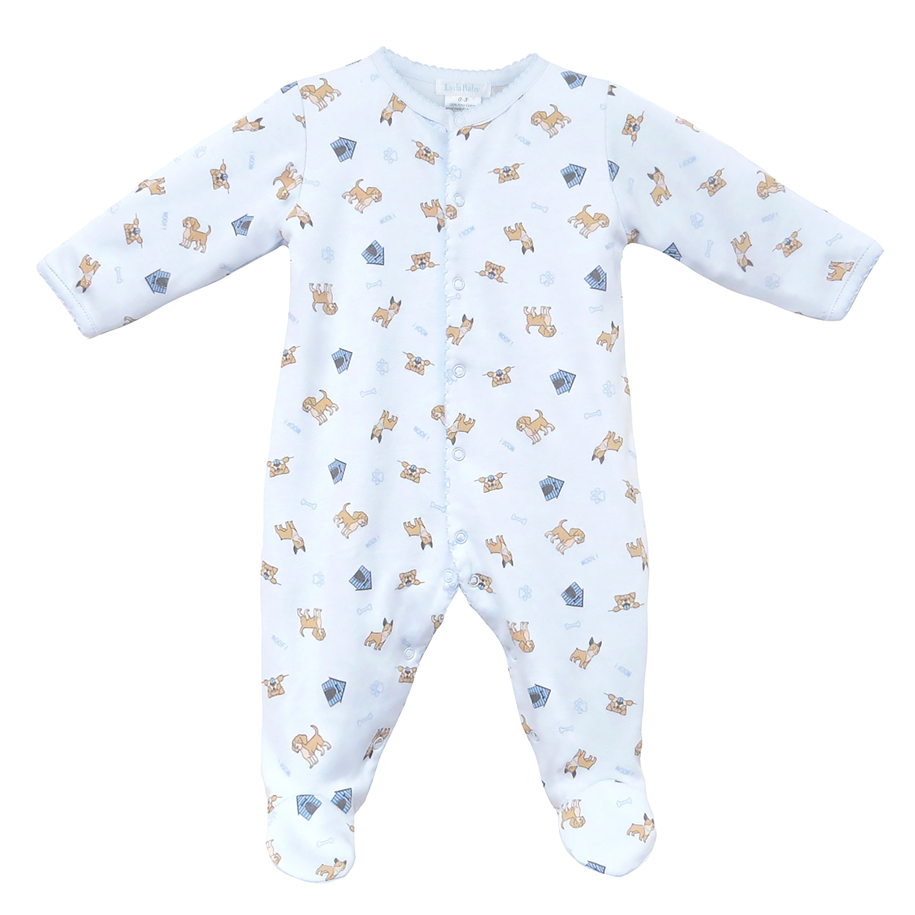 Soft Peruvian Pima cotton baby footie for boys featuring Cute Puppies print – breathable, hypoallergenic, and ideal for newborns with delicate skin. 
