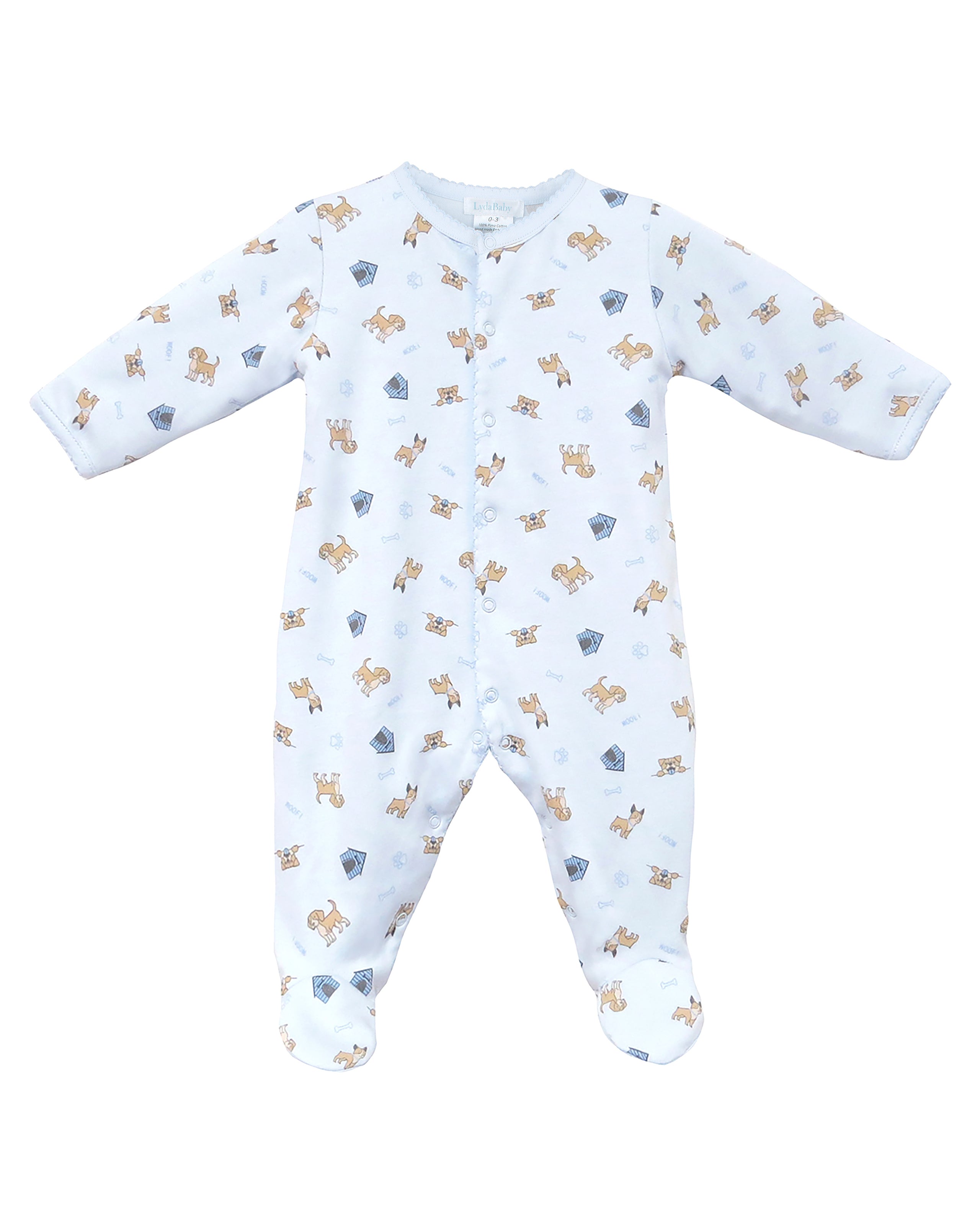 Soft Peruvian Pima cotton baby footie for boys featuring Cute Puppies print – breathable, hypoallergenic, and ideal for newborns with delicate skin. 