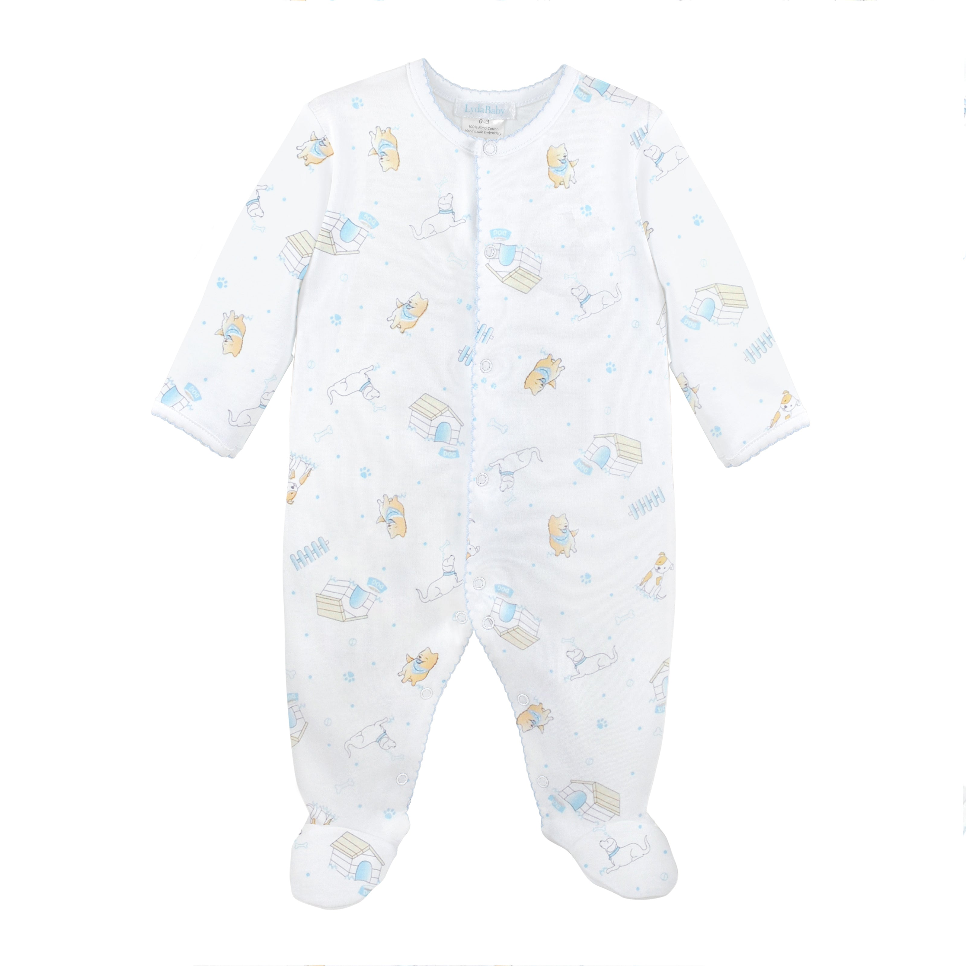 Soft Peruvian Pima cotton baby footie for boys featuring playful Puppies World print – breathable, hypoallergenic, and ideal for delicate newborn skin