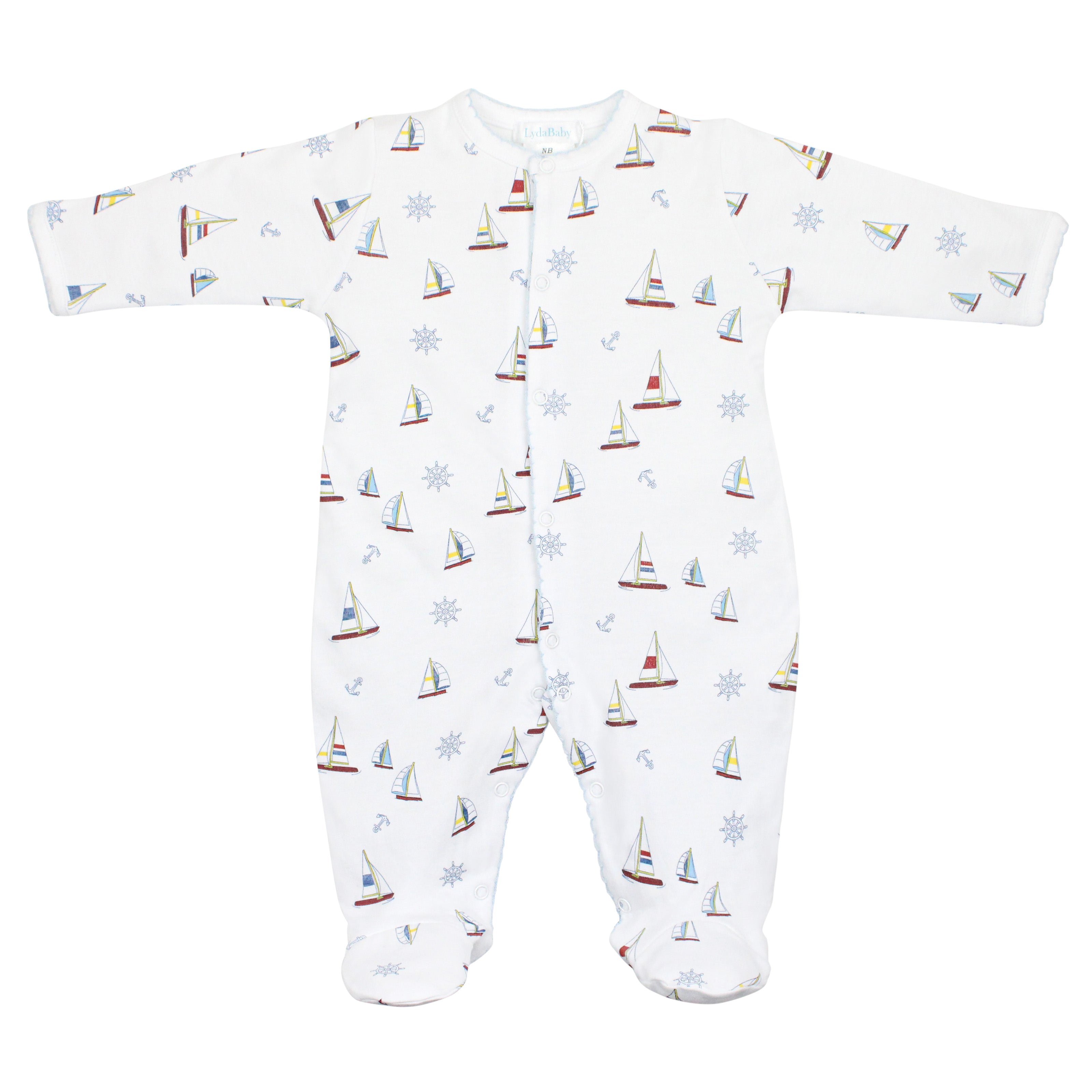 Soft Peruvian Pima cotton baby footie for boys featuring charming Sailing print – breathable, hypoallergenic, and perfect for sensitive newborn skin