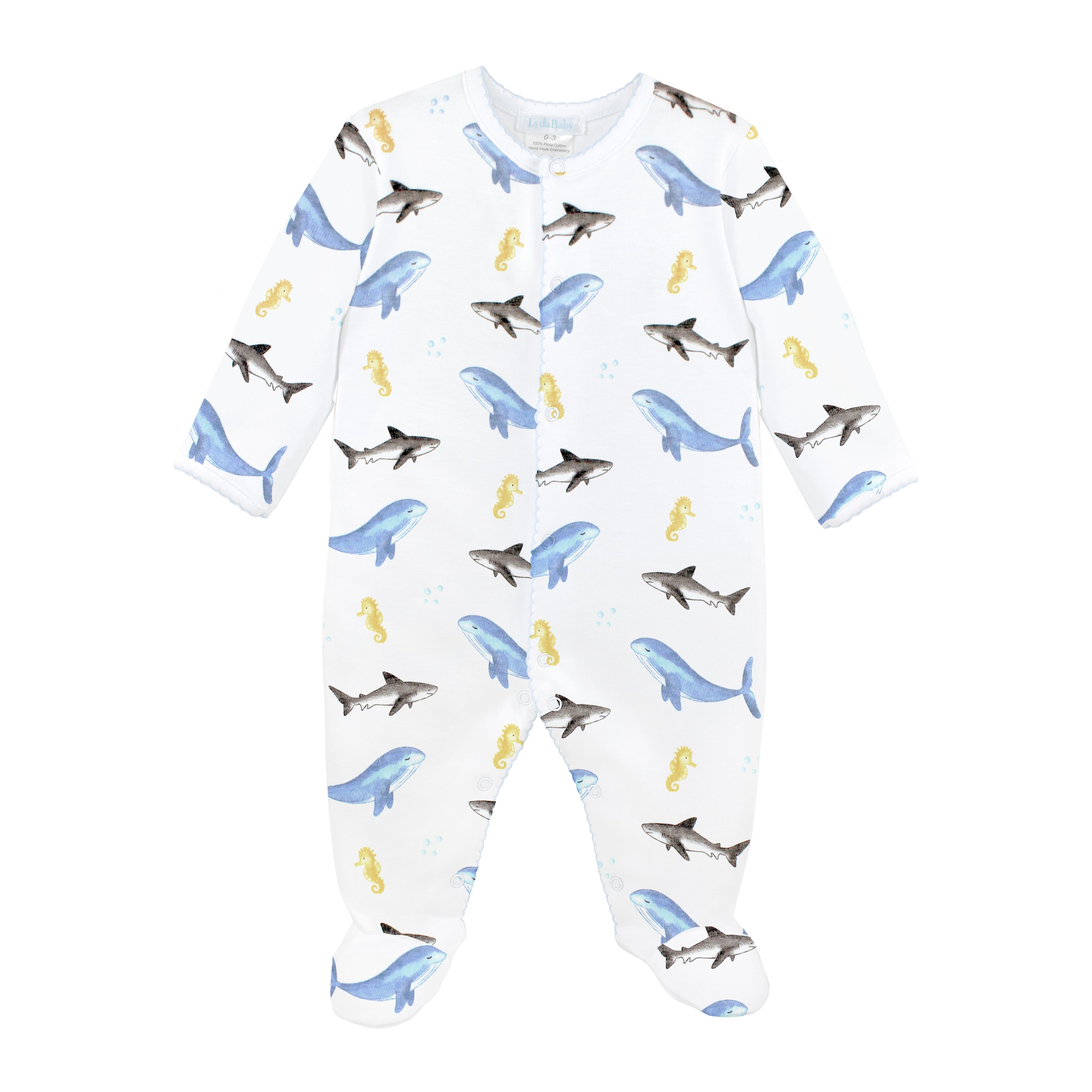 Soft Peruvian Pima cotton baby footie for boys featuring charming Sea Animals print – breathable, hypoallergenic, perfect for sensitive newborn skin