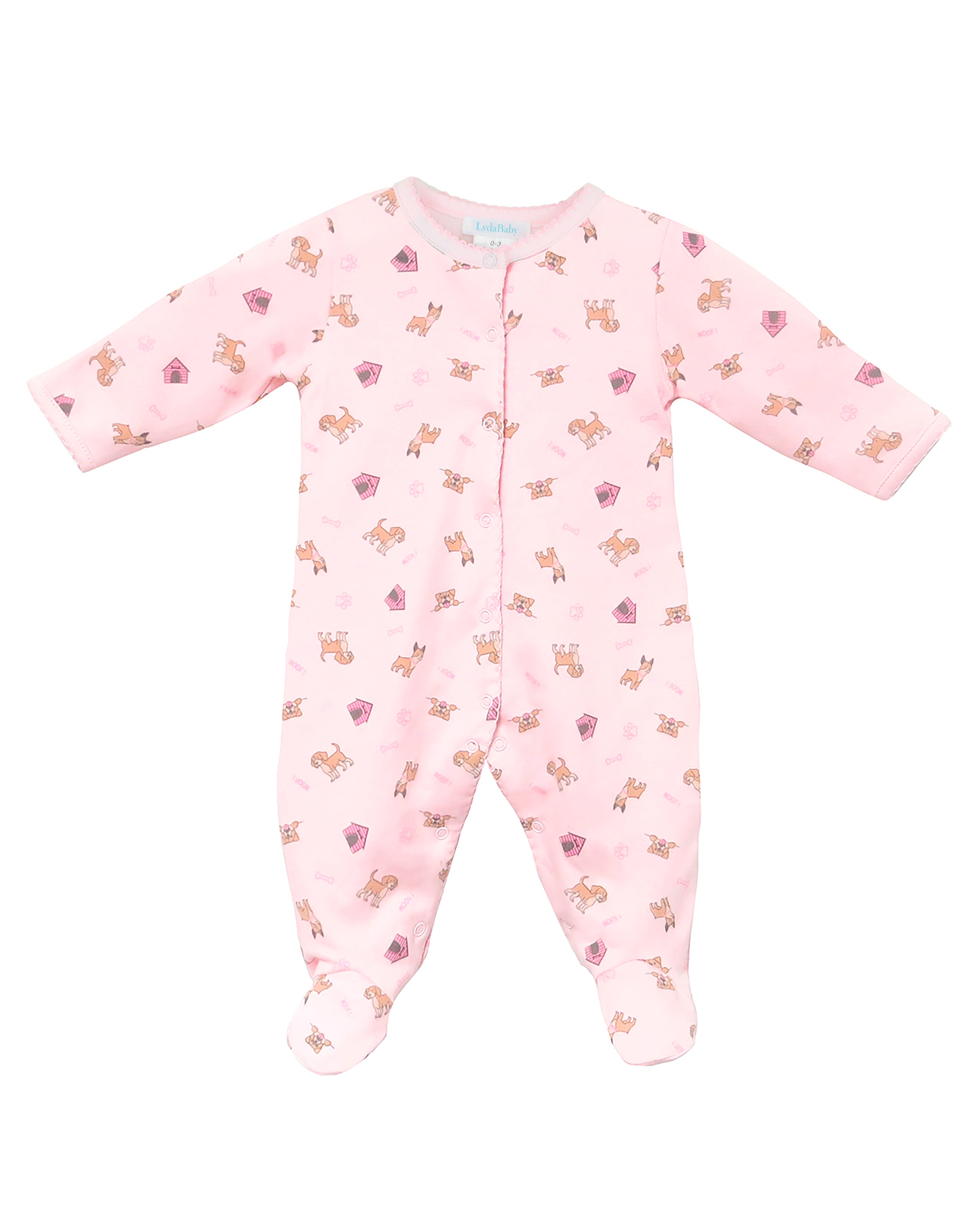 Soft Peruvian Pima cotton baby footie for girls featuring Cute Puppies print – breathable, hypoallergenic, and perfect for sensitive newborn skin.
