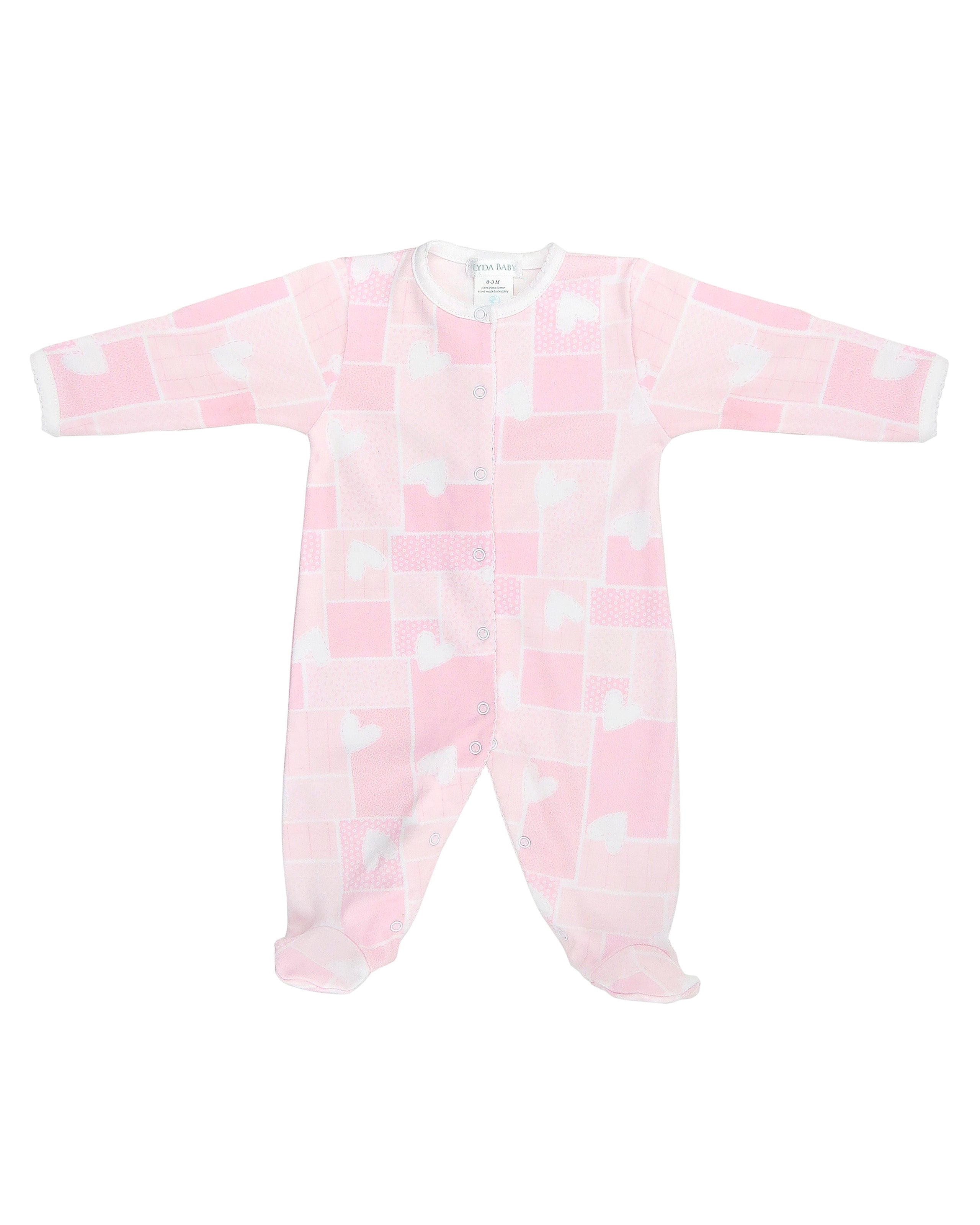 Soft Peruvian Pima cotton baby footie for girls featuring charming Hearts Patch print – breathable, hypoallergenic, and perfect for sensitive newborn skin