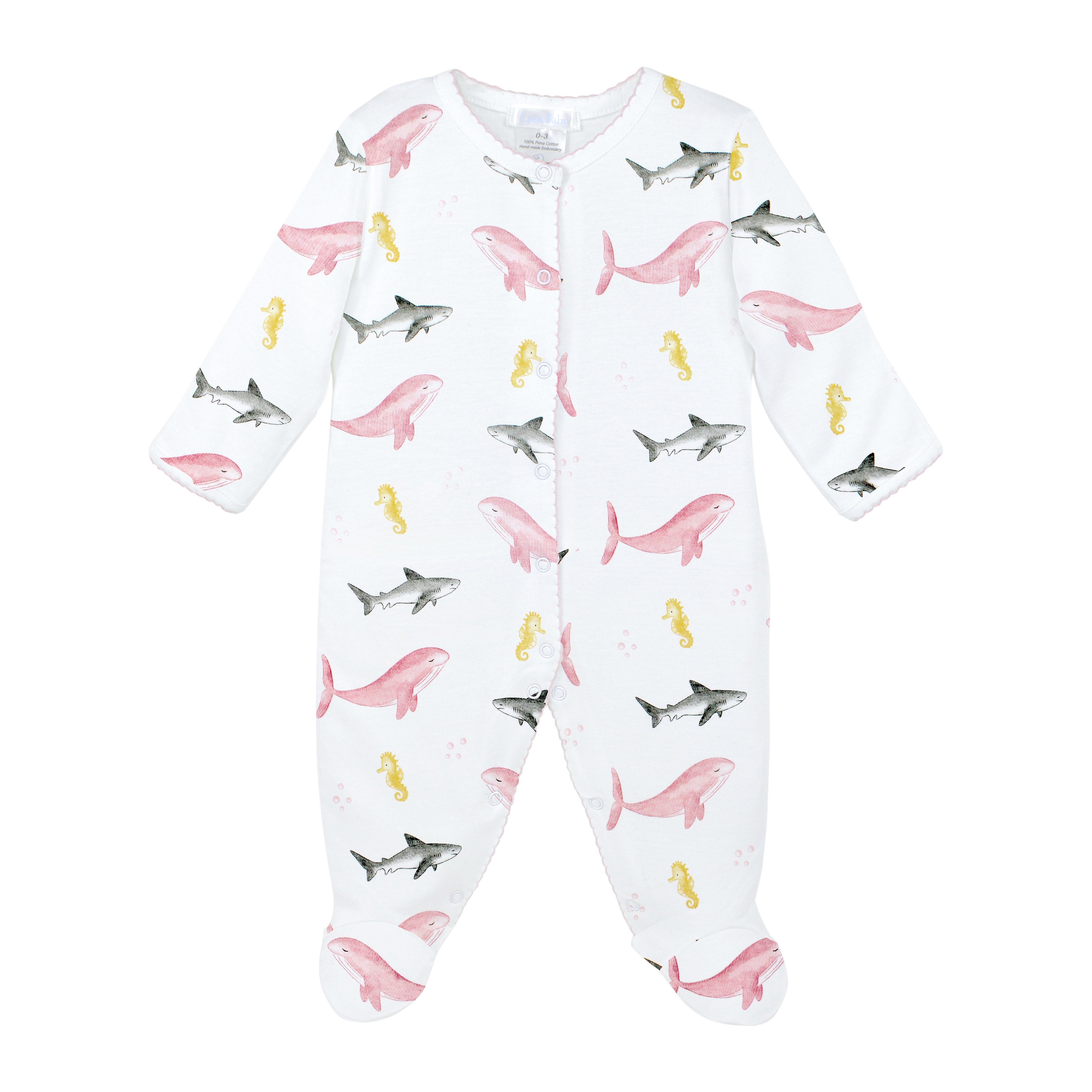 Soft Peruvian Pima cotton baby footie for girls featuring adorable Sea Animals print – breathable, hypoallergenic, and ideal for sensitive newborn skin