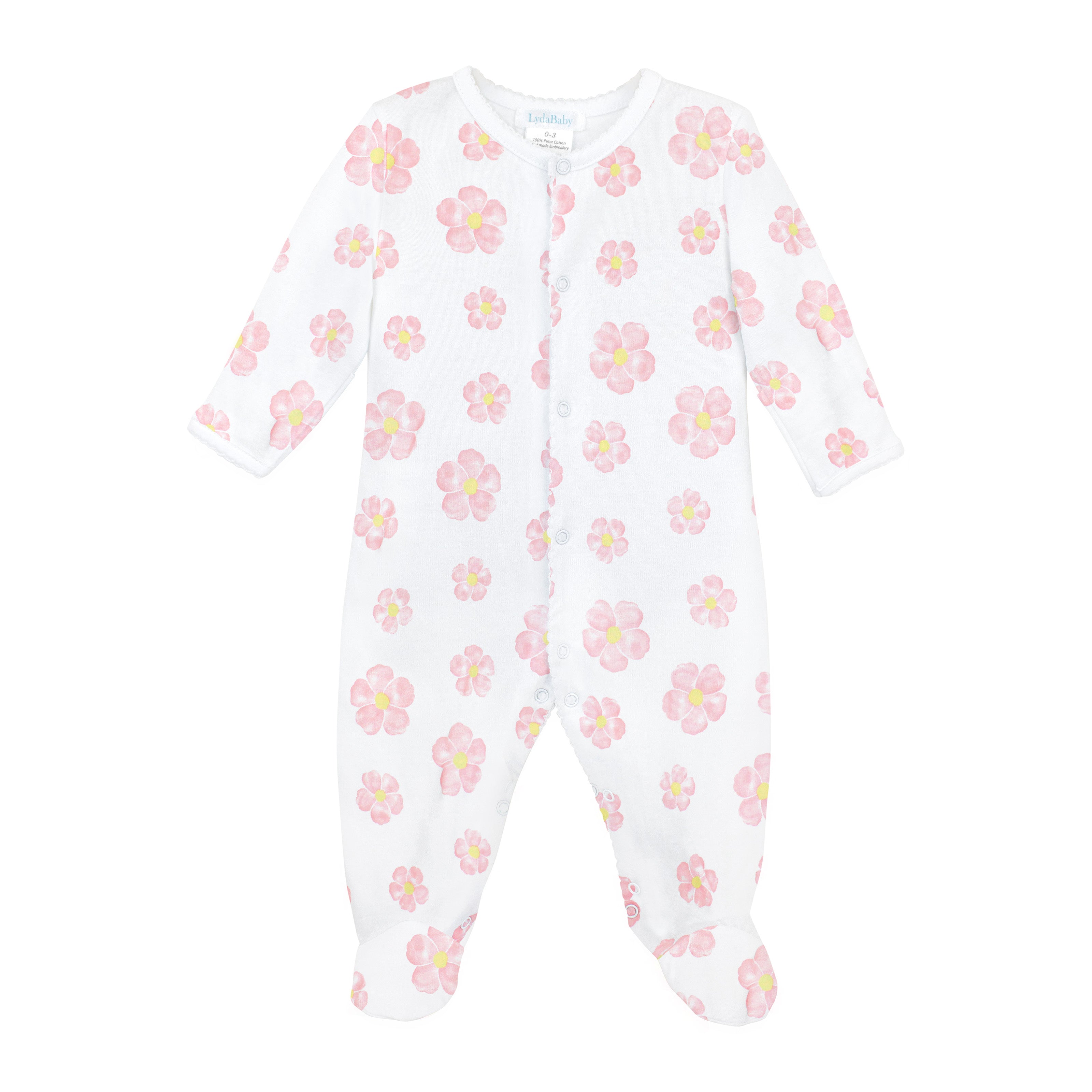 Soft Peruvian Pima cotton baby footie for girls featuring charming Sweet Flowers print – breathable, hypoallergenic, and perfect for sensitive newborn skin