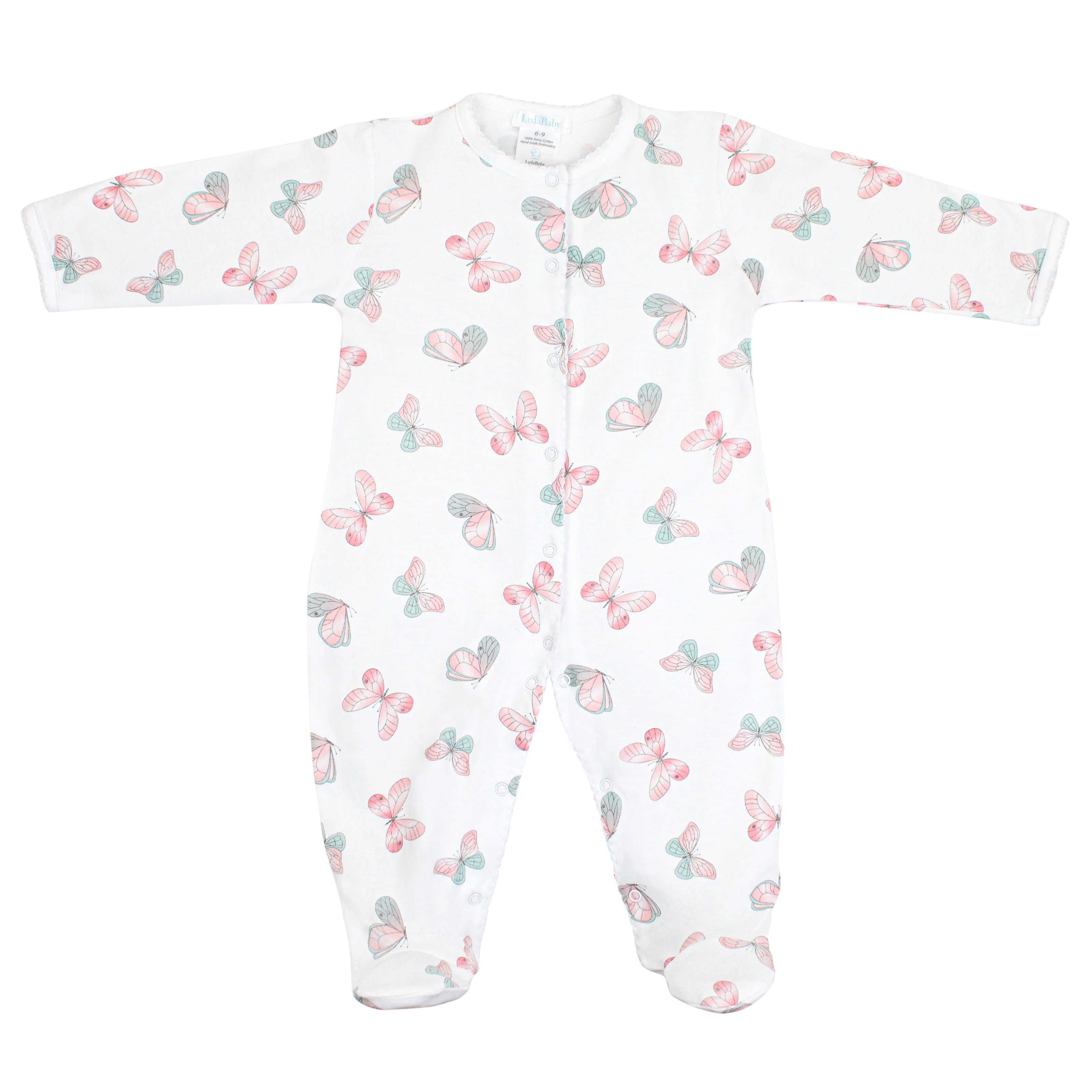 Soft Peruvian Pima cotton baby footie for girls featuring delicate Watercolor Butterflies print – breathable, hypoallergenic, and perfect for sensitive newborn skin