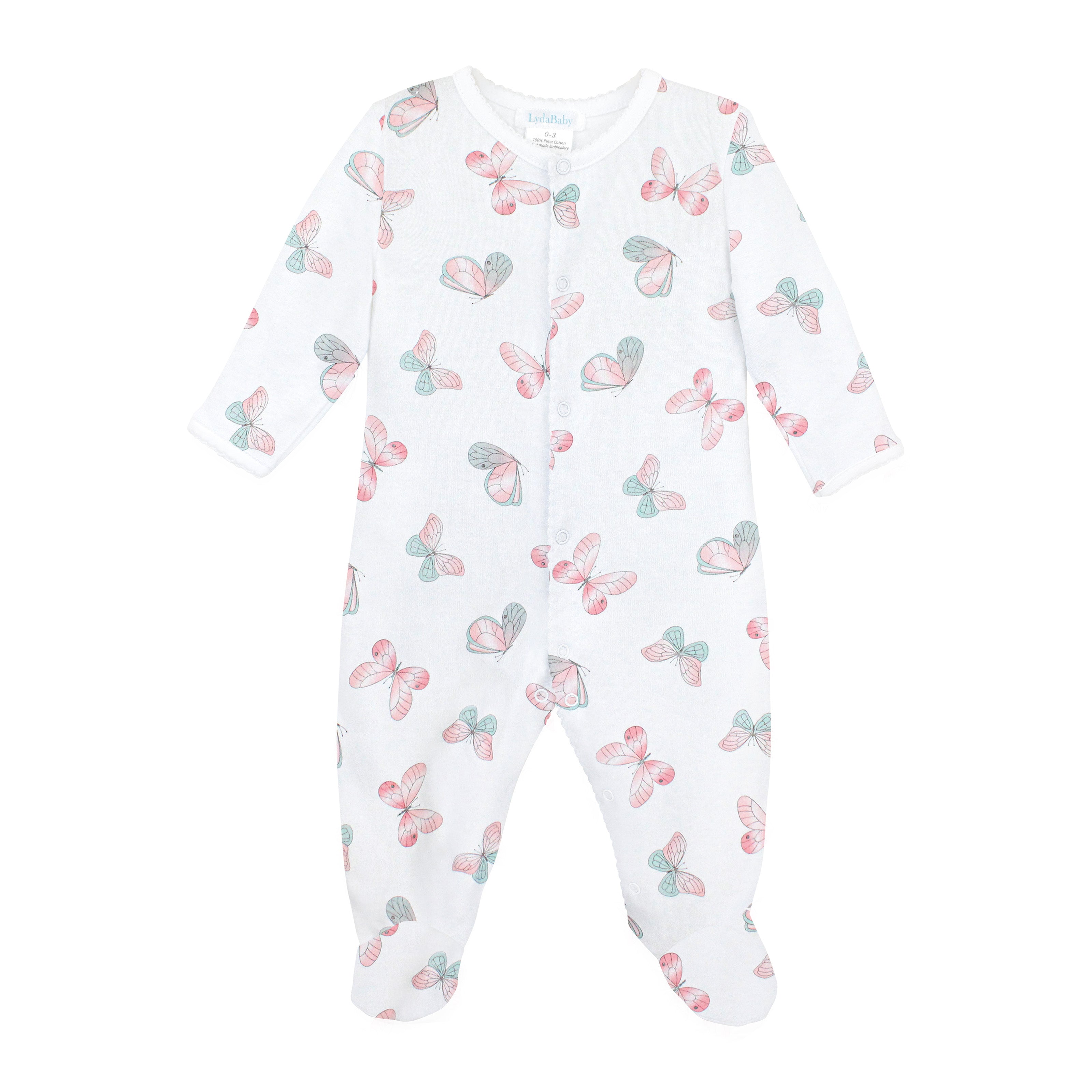 Soft Peruvian Pima cotton baby footie for girls featuring delicate Watercolor Butterflies print – breathable, hypoallergenic, and perfect for sensitive newborn skin