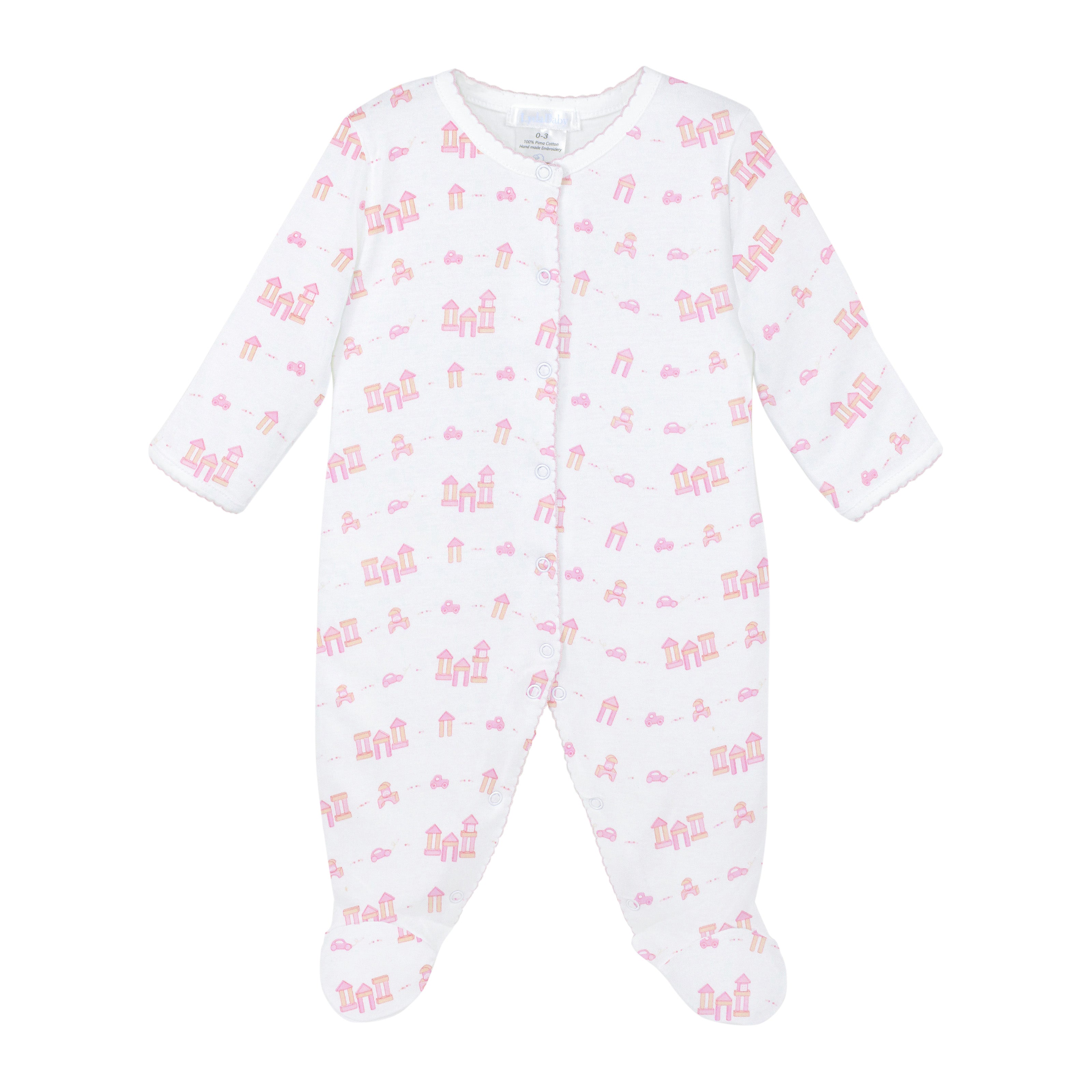 Soft Peruvian Pima cotton baby footie for girls featuring nostalgic Wooden Toys print – breathable, hypoallergenic, and gentle for newborn skin