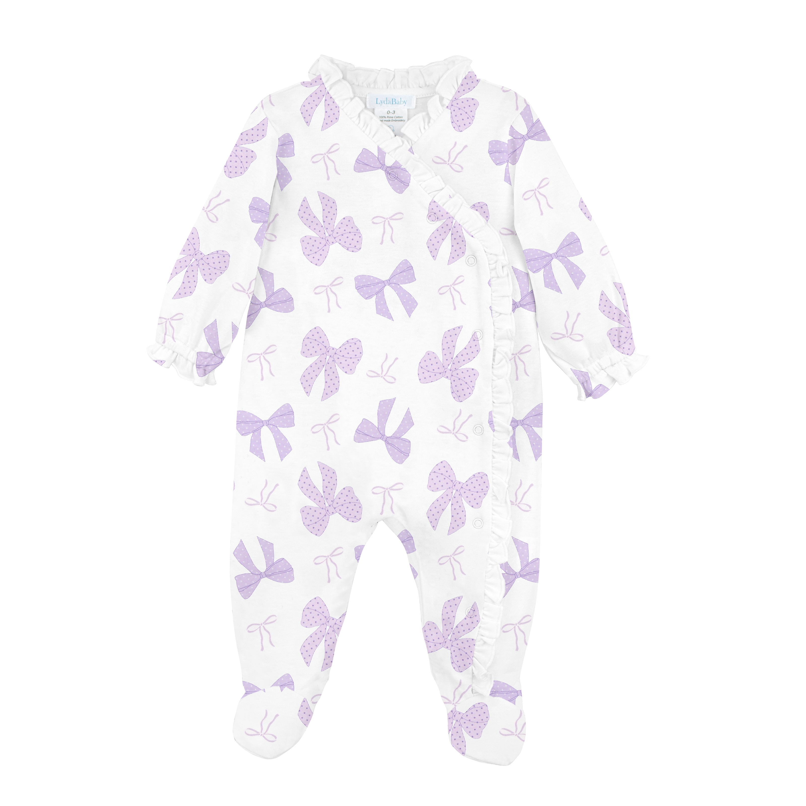 White baby footie made of Peruvian Pima cotton, with cross snap closure and lilac ribbon print in thin and bold lines.