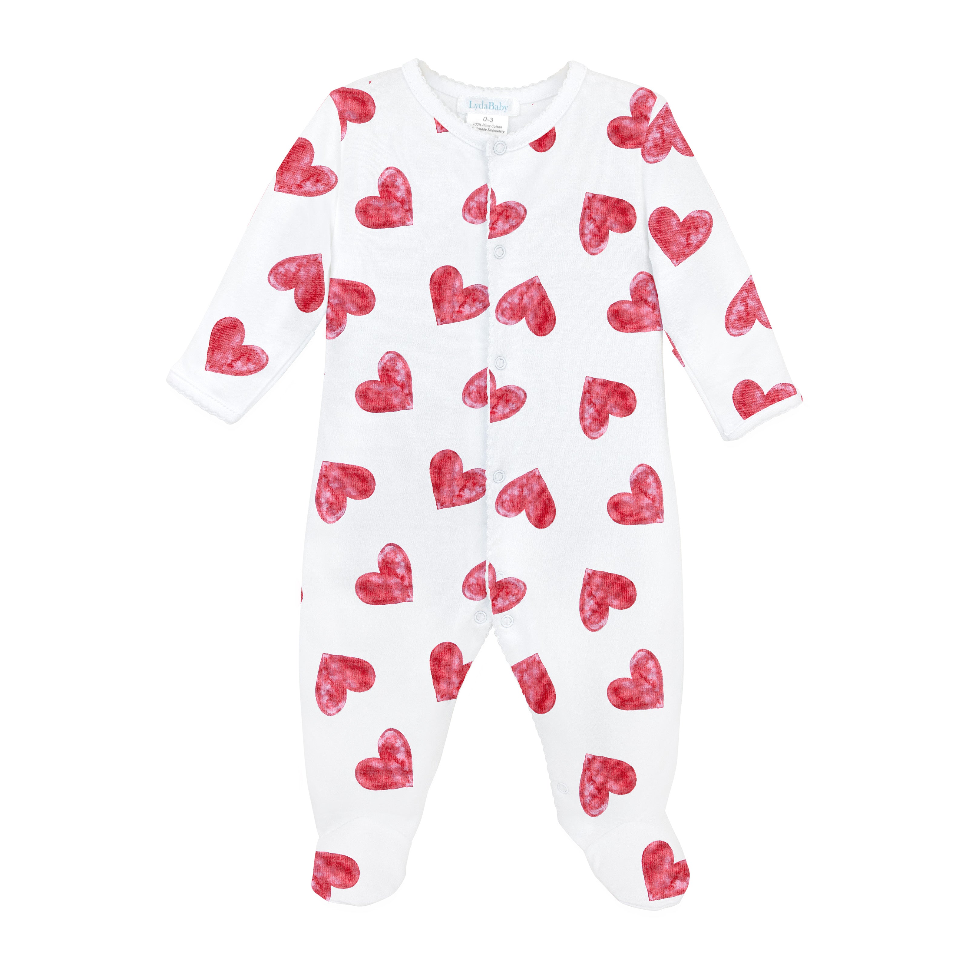 White baby footie with red watercolor heart print, medium-sized hearts all over.