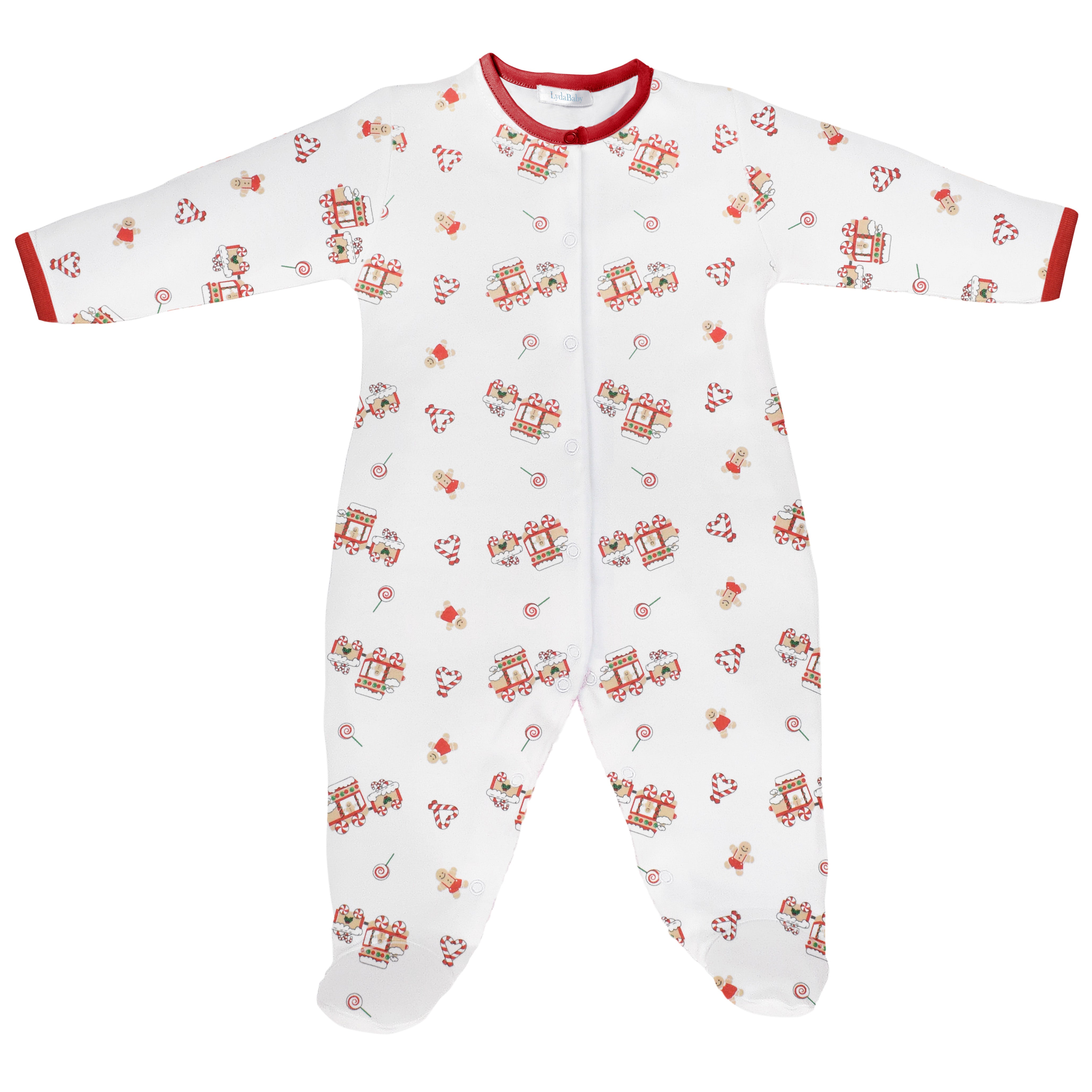 White baby footie in Peruvian Pima cotton with Christmas train print and red trim on neckline and cuffs.