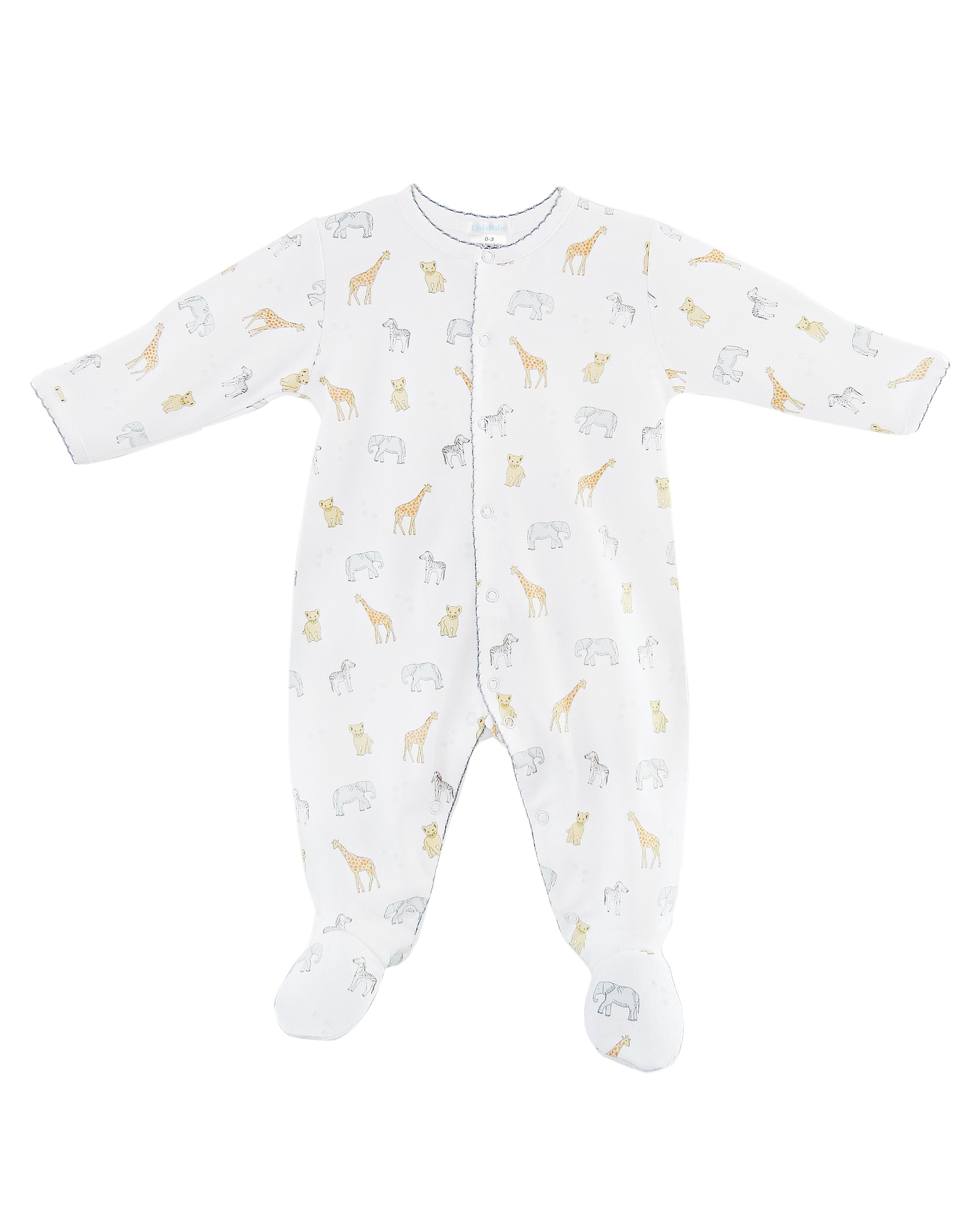 Unisex baby footie made from soft Peruvian Pima cotton featuring cute Safari Animals print with elephants, giraffes, and zebras – breathable and hypoallergenic for newborns, details white and grey