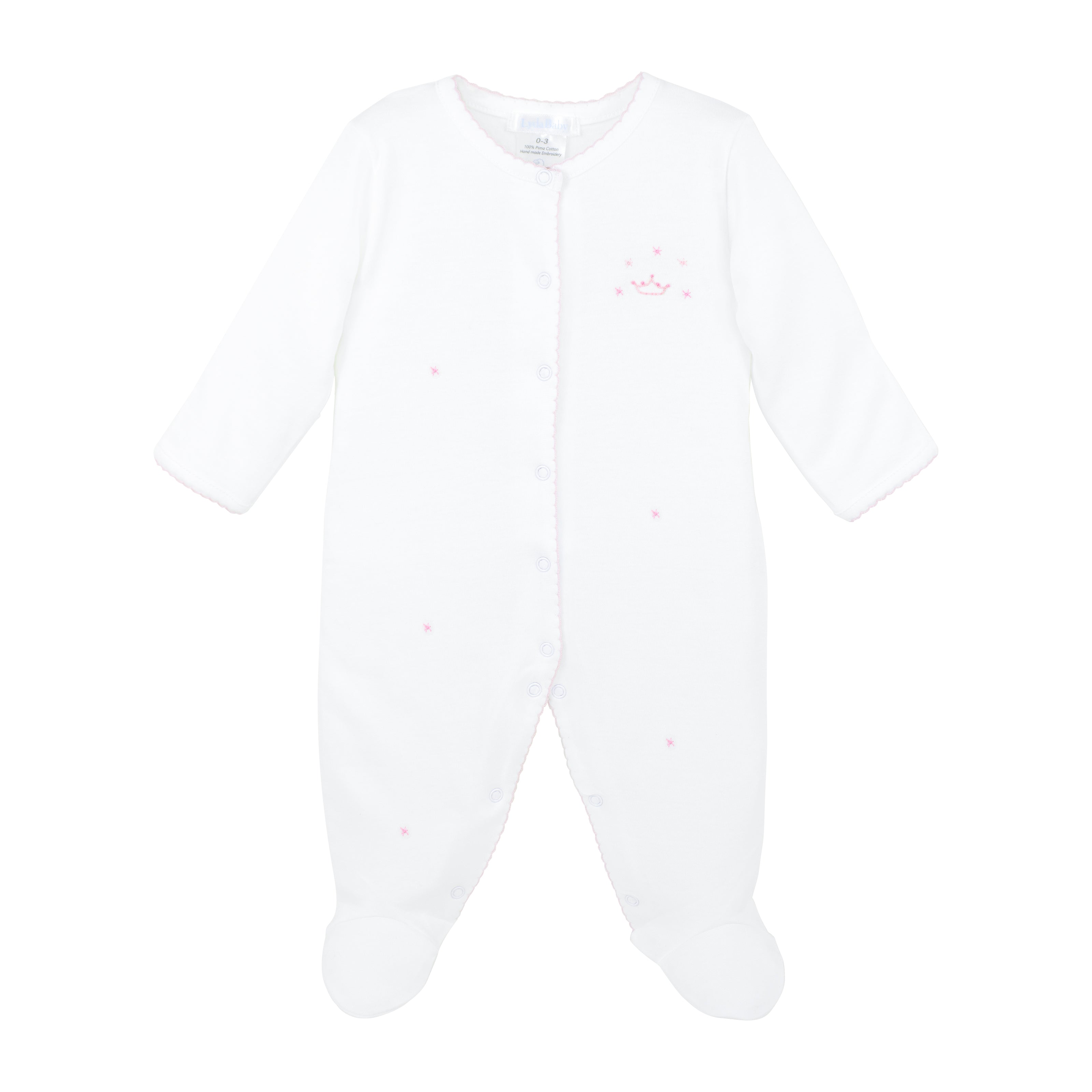 Soft baby girl footie in breathable Peruvian Pima cotton with ‘Baby Princess’ embroidery — perfect boutique baby clothing for newborns.
