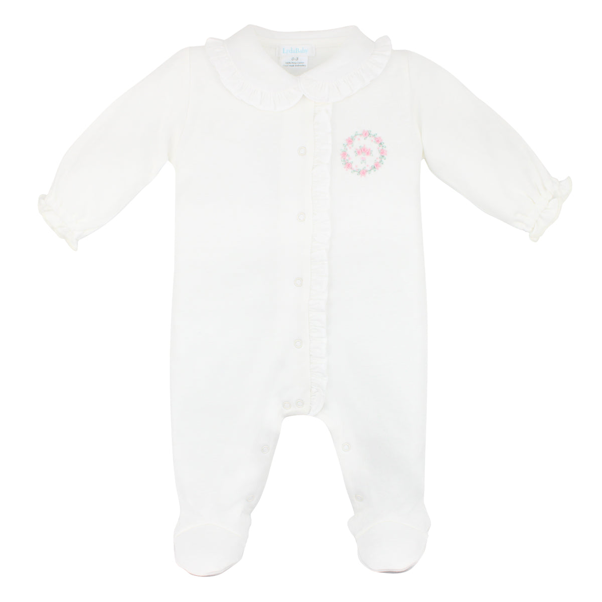 Baby girl white footie with Peter Pan collar and hand-embroidered rose circle