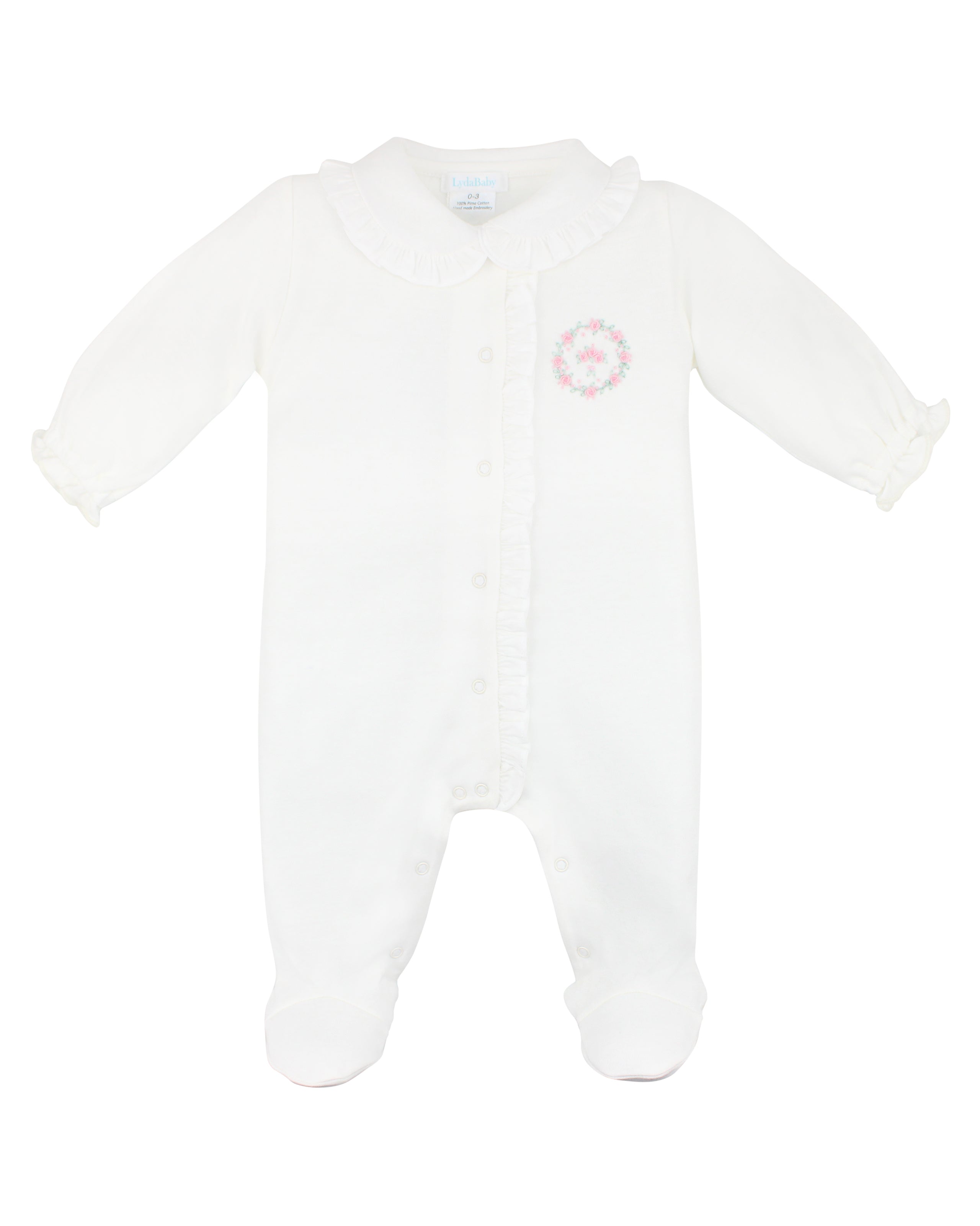 Baby girl white footie with Peter Pan collar and hand-embroidered rose circle