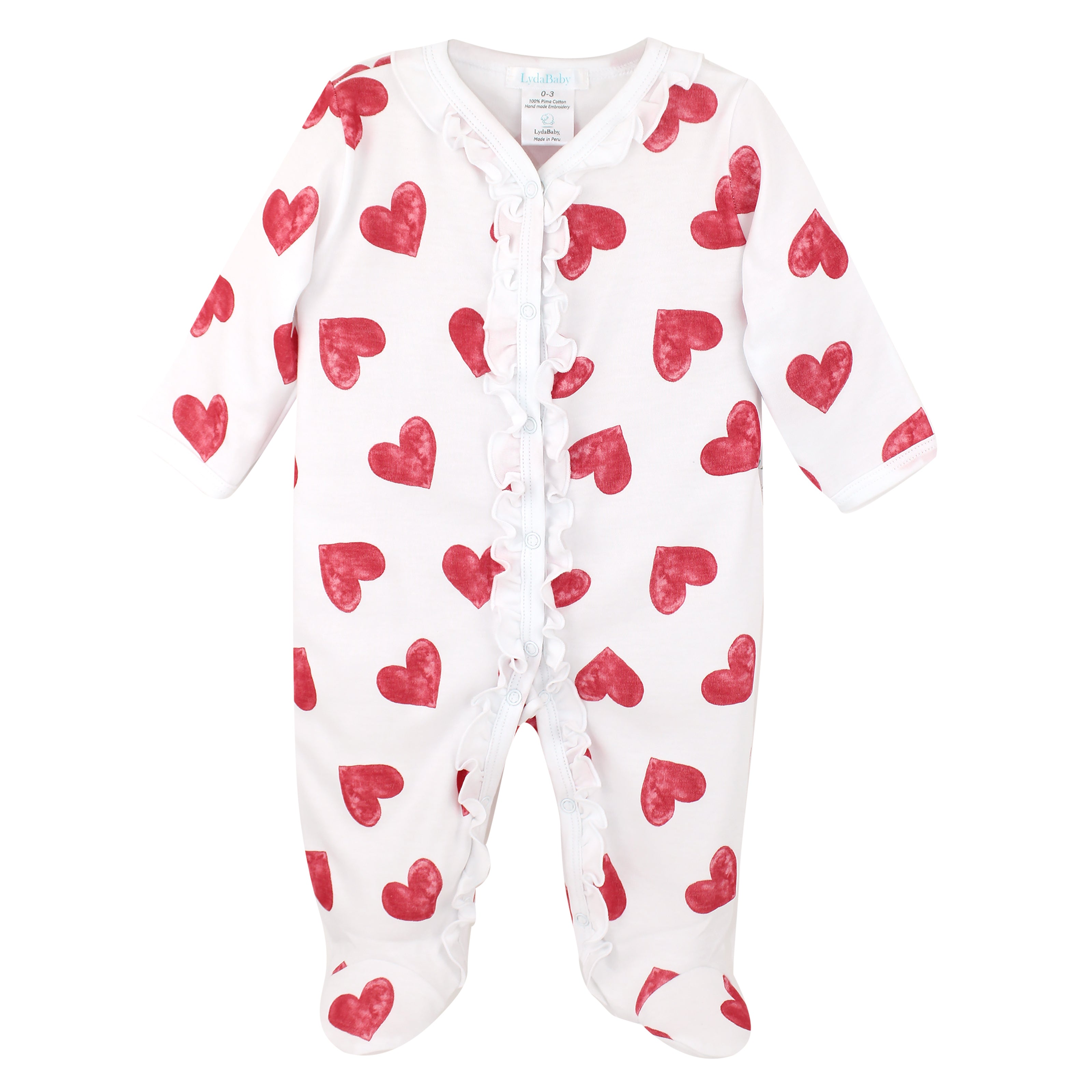 White baby girl footie made of Peruvian Pima cotton, with red watercolor heart print and ruffle trim on chest.