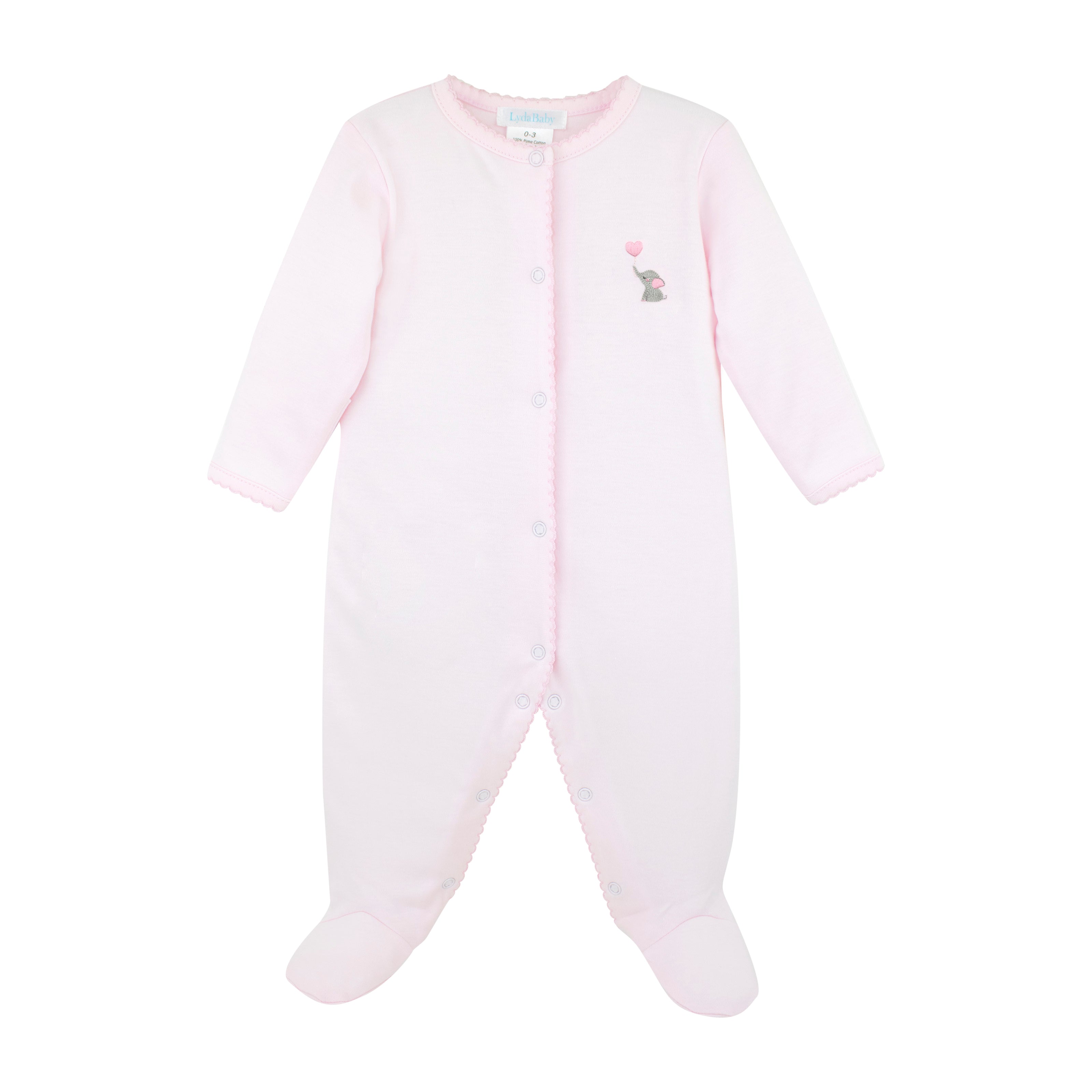 Luxury baby girl footie made of Peruvian Pima cotton with hand-embroidered elephant — breathable and hypoallergenic baby clothes.
