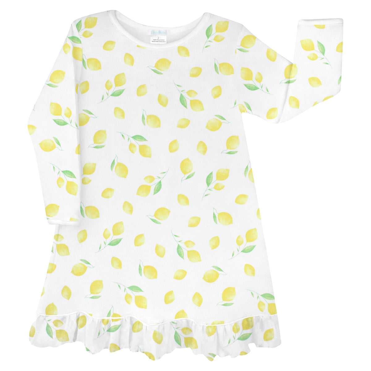 Baby girl long-sleeve dress with yellow lemon print in Pima cotton