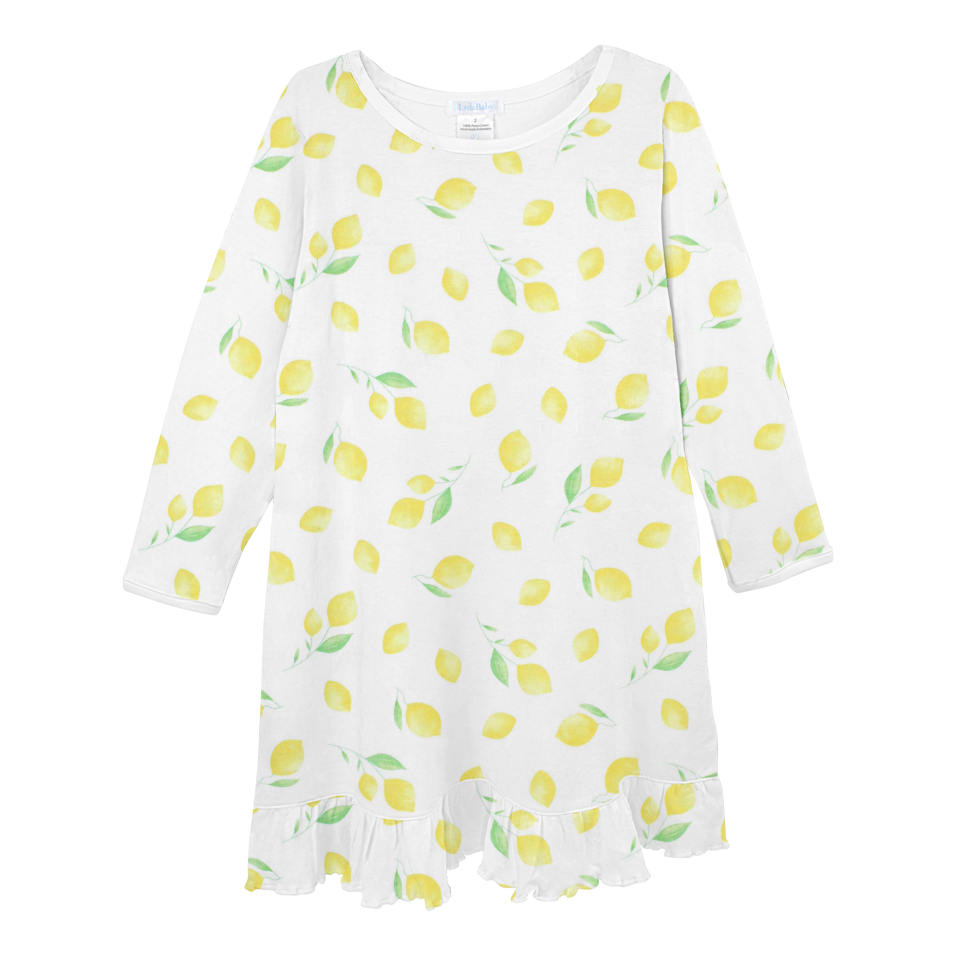 Baby girl long-sleeve dress with yellow lemon print in Pima cotton