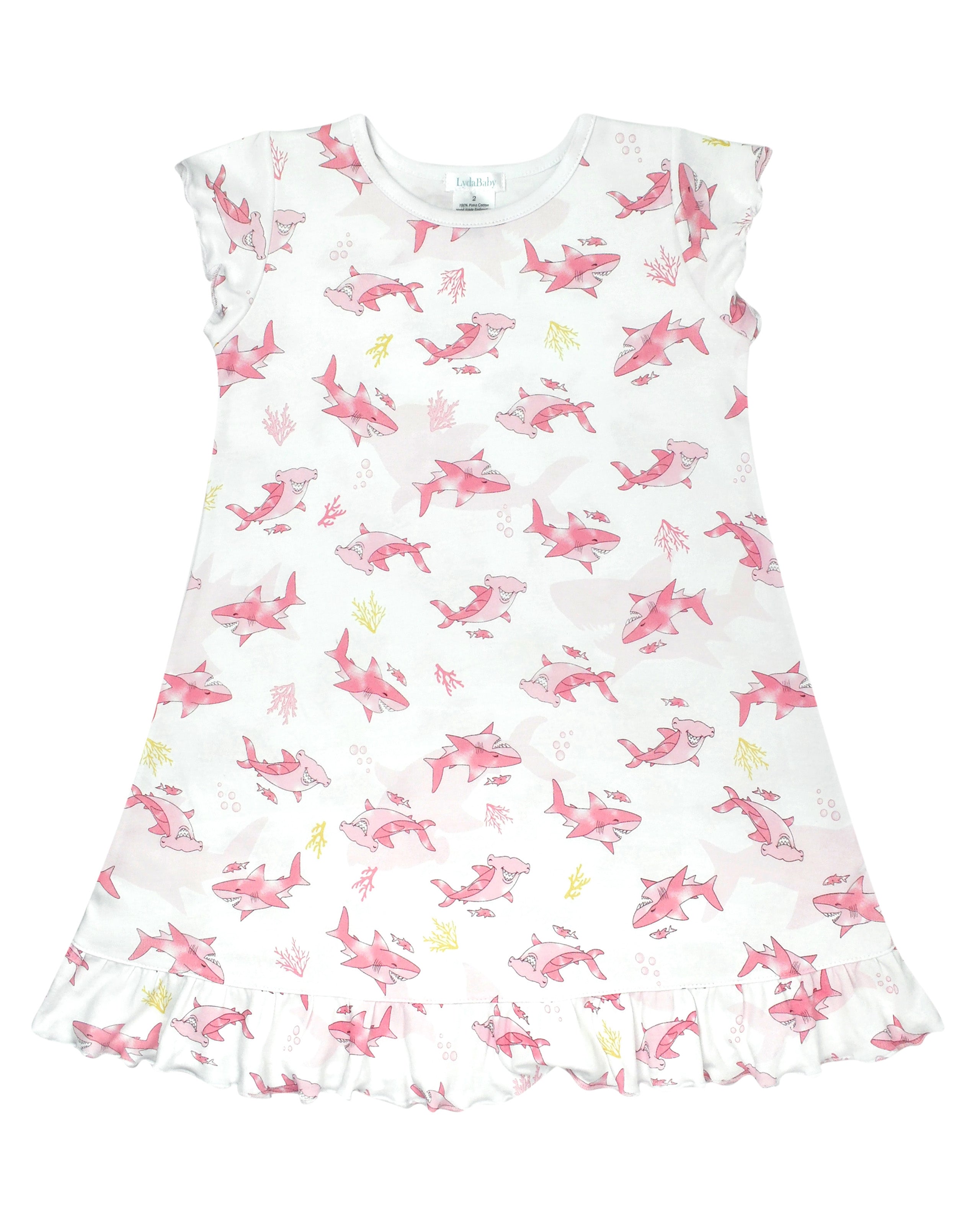 Soft baby pajama dress made with organic Peruvian Pima cotton, featuring playful friendly sharks print — gentle and breathable for sensitive skin.
