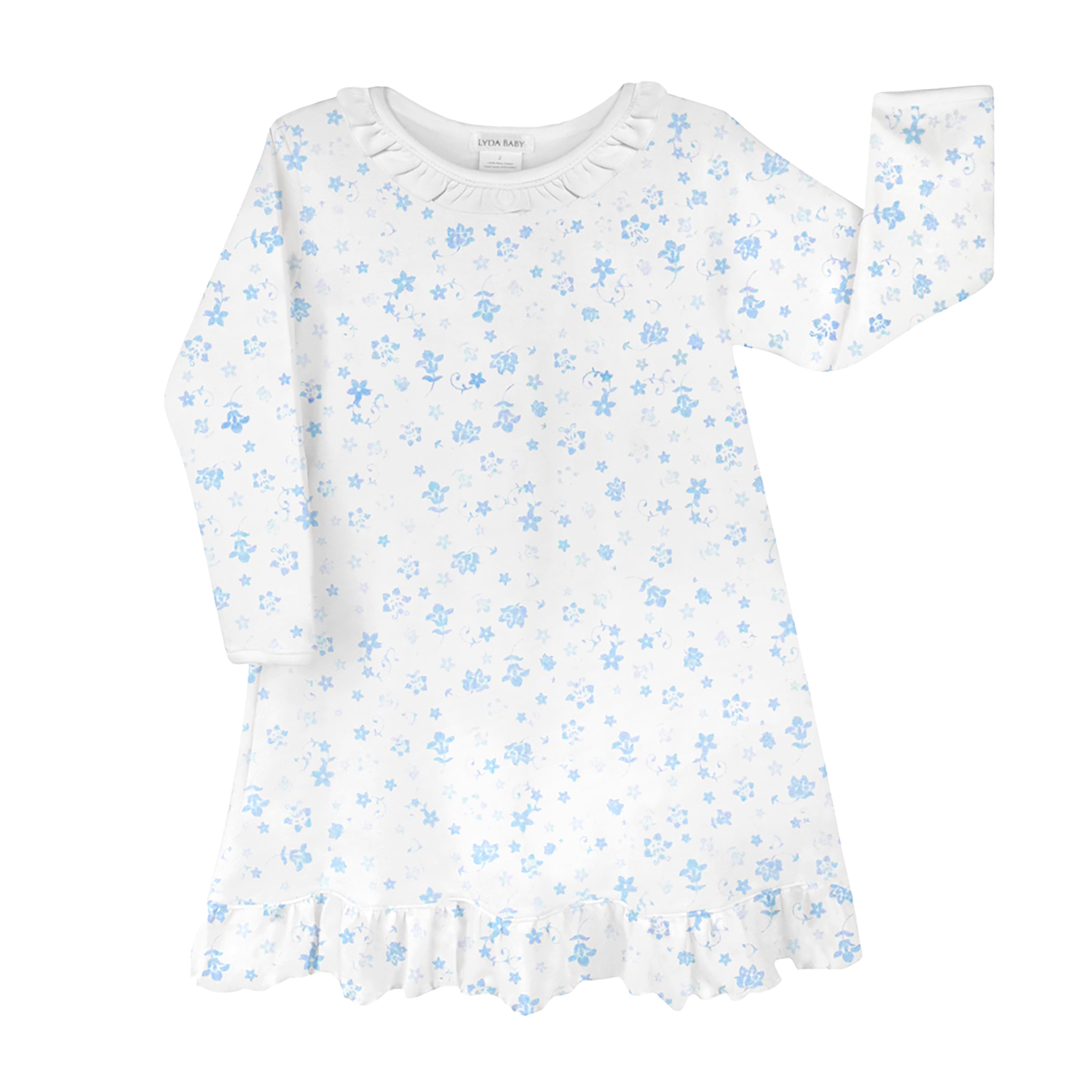 Breathable baby pajama dress for girls in premium Peruvian Pima cotton featuring elegant Lblue antique flowers print — perfect for sensitive skin and comfort.
