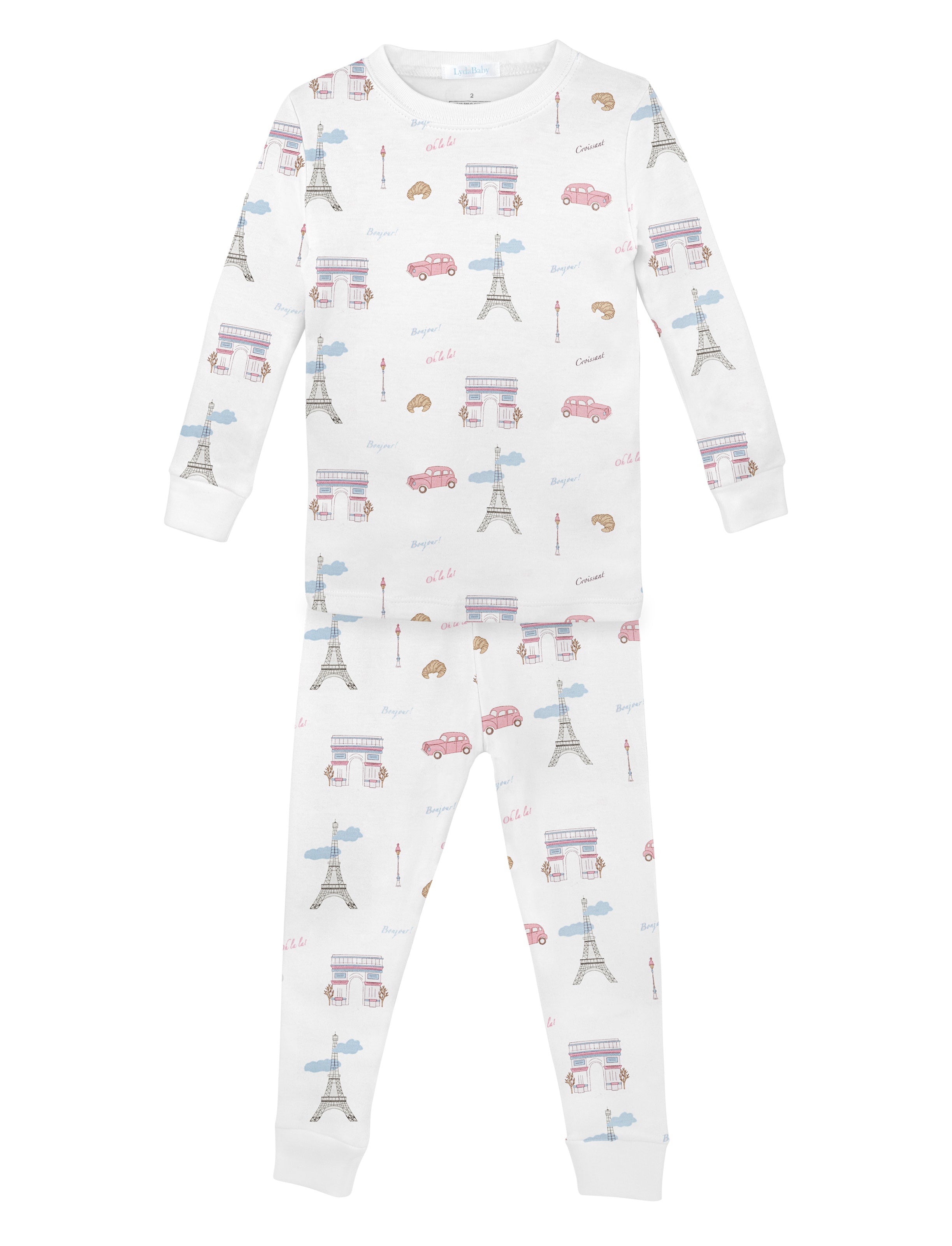 Soft baby girl pajama set in Peruvian Pima cotton with 'Always Paris' print — breathable and hypoallergenic luxury sleepwear from boutique baby clothing collections.