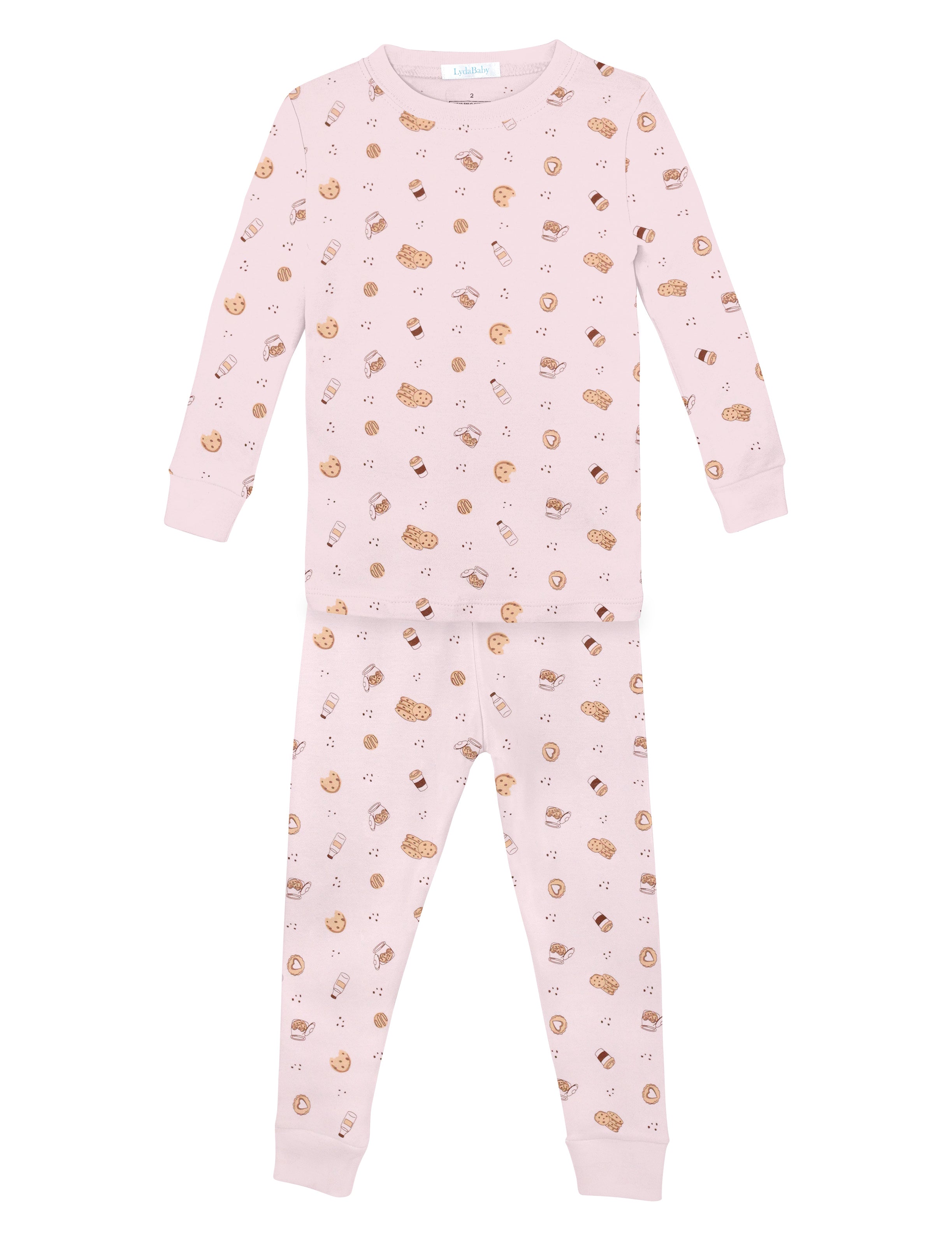 Soft baby girl pajama set in Peruvian Pima cotton with 'Cookies' print — breathable and hypoallergenic luxury sleepwear from boutique baby clothing collections.
