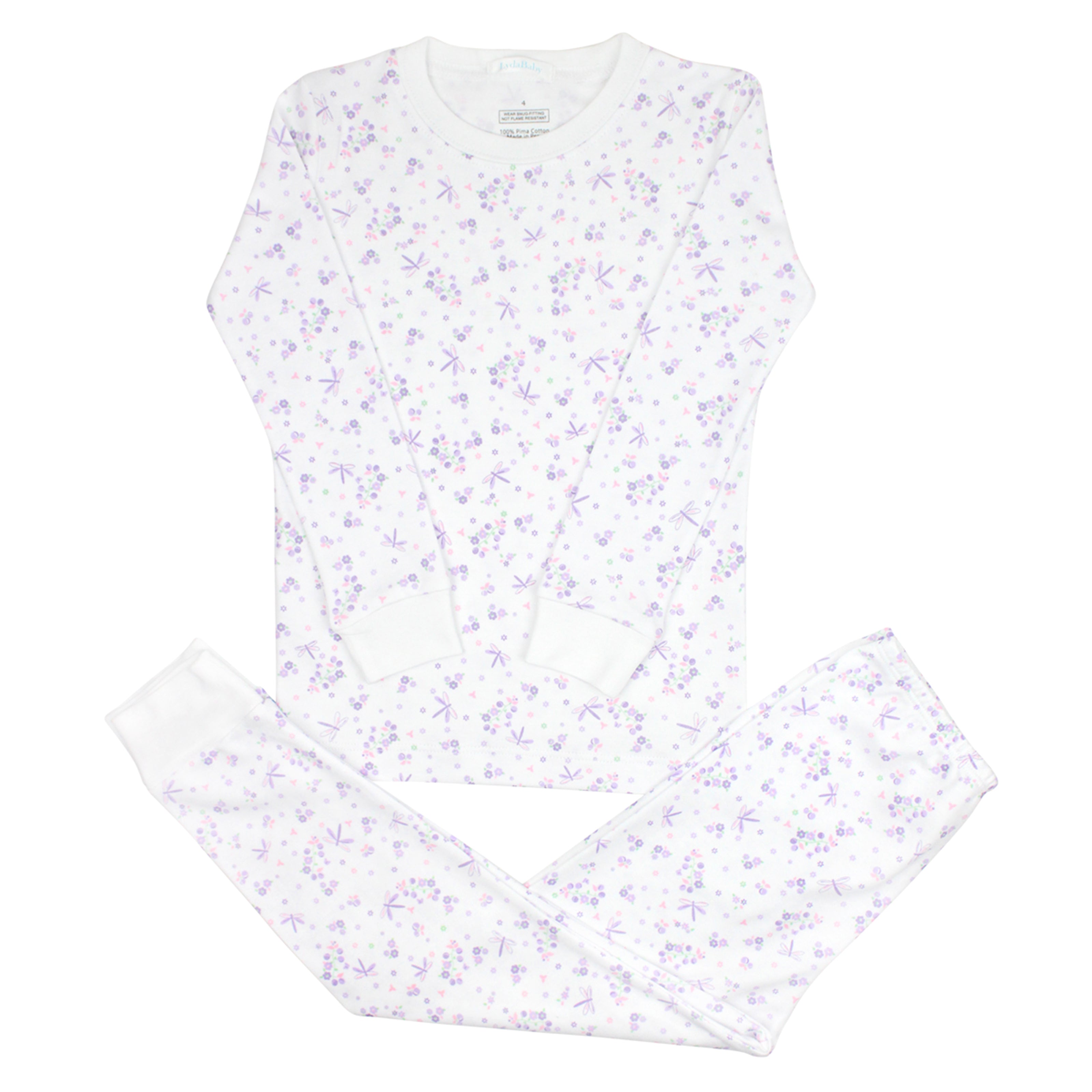 Soft baby girl pajama set in Peruvian Pima cotton with 'Dragonflies' print — breathable and hypoallergenic luxury sleepwear from boutique baby clothing collections.