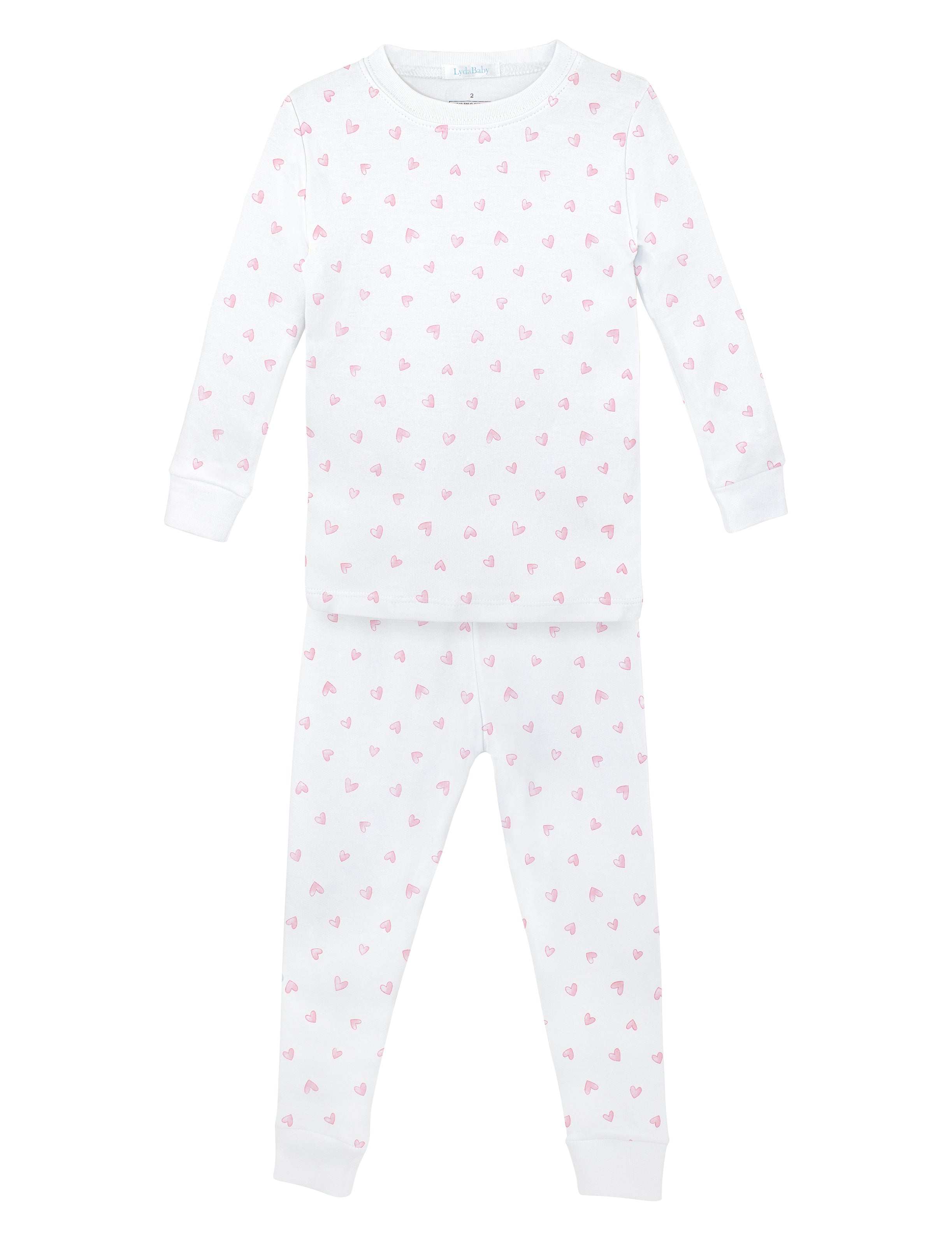 Soft baby girl pajama set in Peruvian Pima cotton with 'Festive hearts' print — breathable and hypoallergenic luxury sleepwear from boutique baby clothing collections.