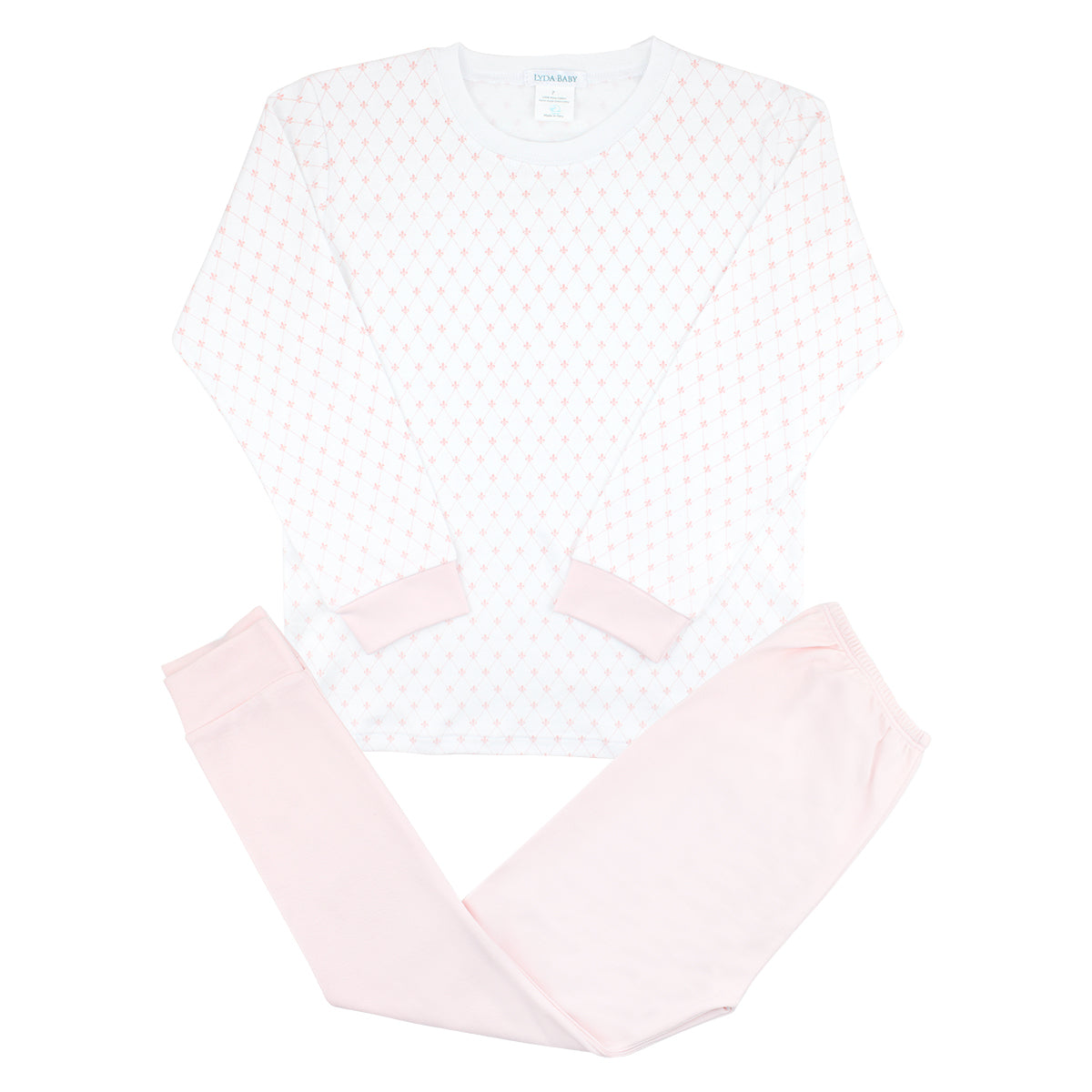 Soft baby girl pajama set in Peruvian Pima cotton with 'Fleur de lis' print — breathable and hypoallergenic luxury sleepwear from boutique baby clothing collections.
