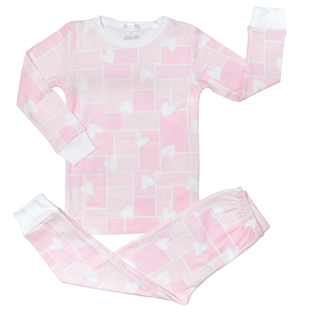 Soft baby girl pajama set in Peruvian Pima cotton with 'Hearts patch' print — breathable and hypoallergenic luxury sleepwear from boutique baby clothing collections.
