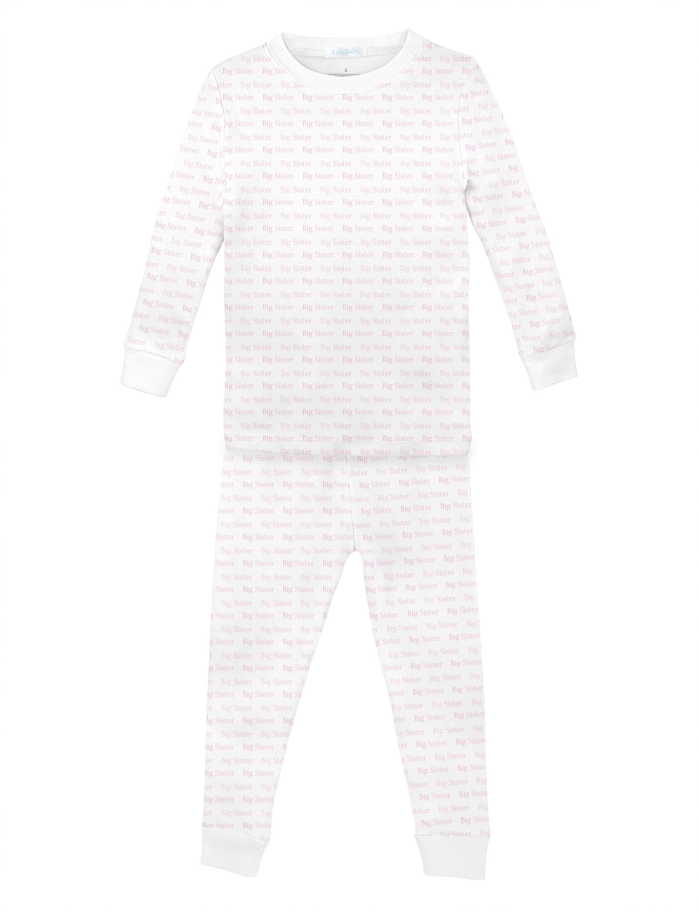 Soft baby girl pajama set in Peruvian Pima cotton with 'My big sister' print — breathable and hypoallergenic luxury sleepwear from boutique baby clothing collections.
