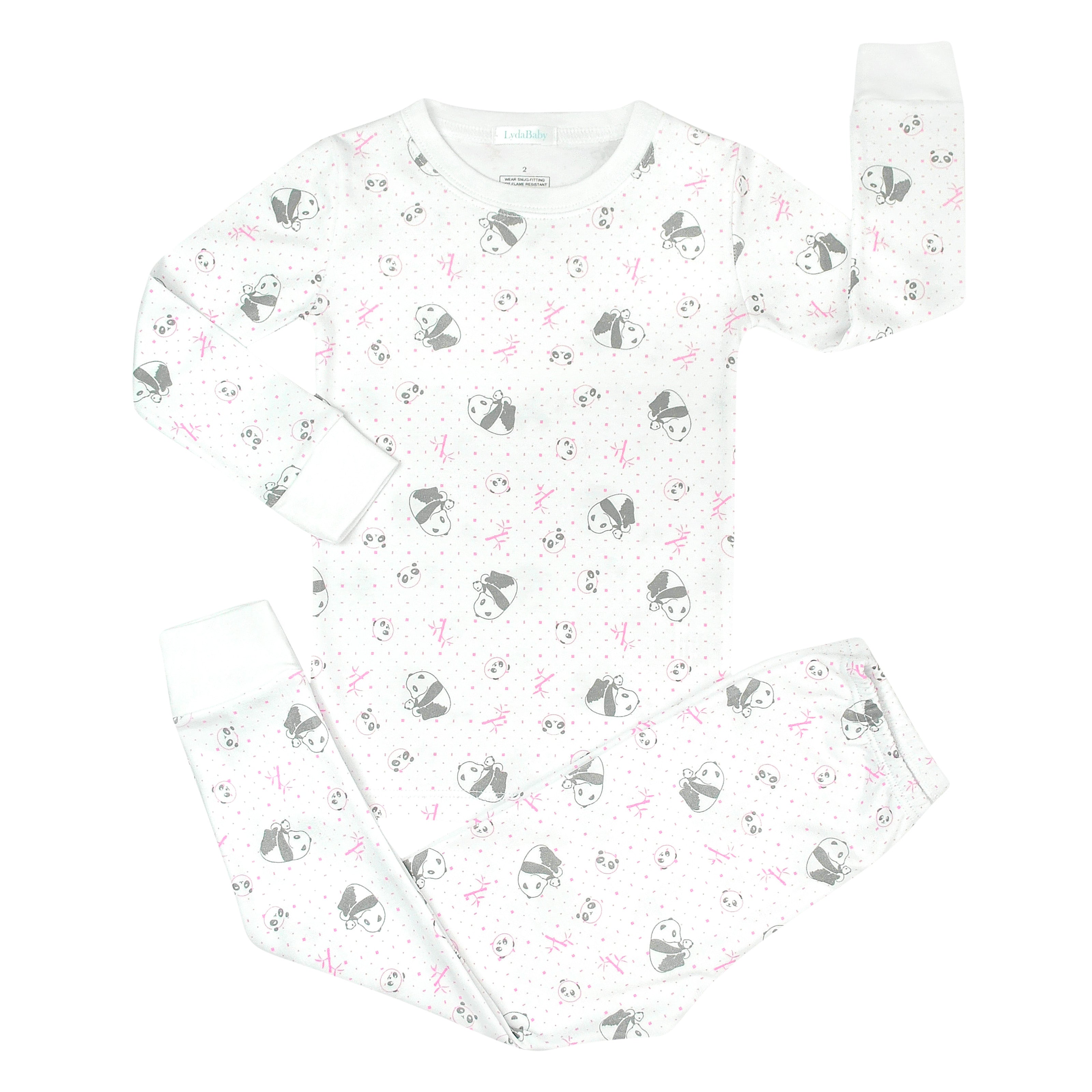 Soft baby girl pajama set in Peruvian Pima cotton with 'Pandas love' print — breathable and hypoallergenic luxury sleepwear from boutique baby clothing collections.
