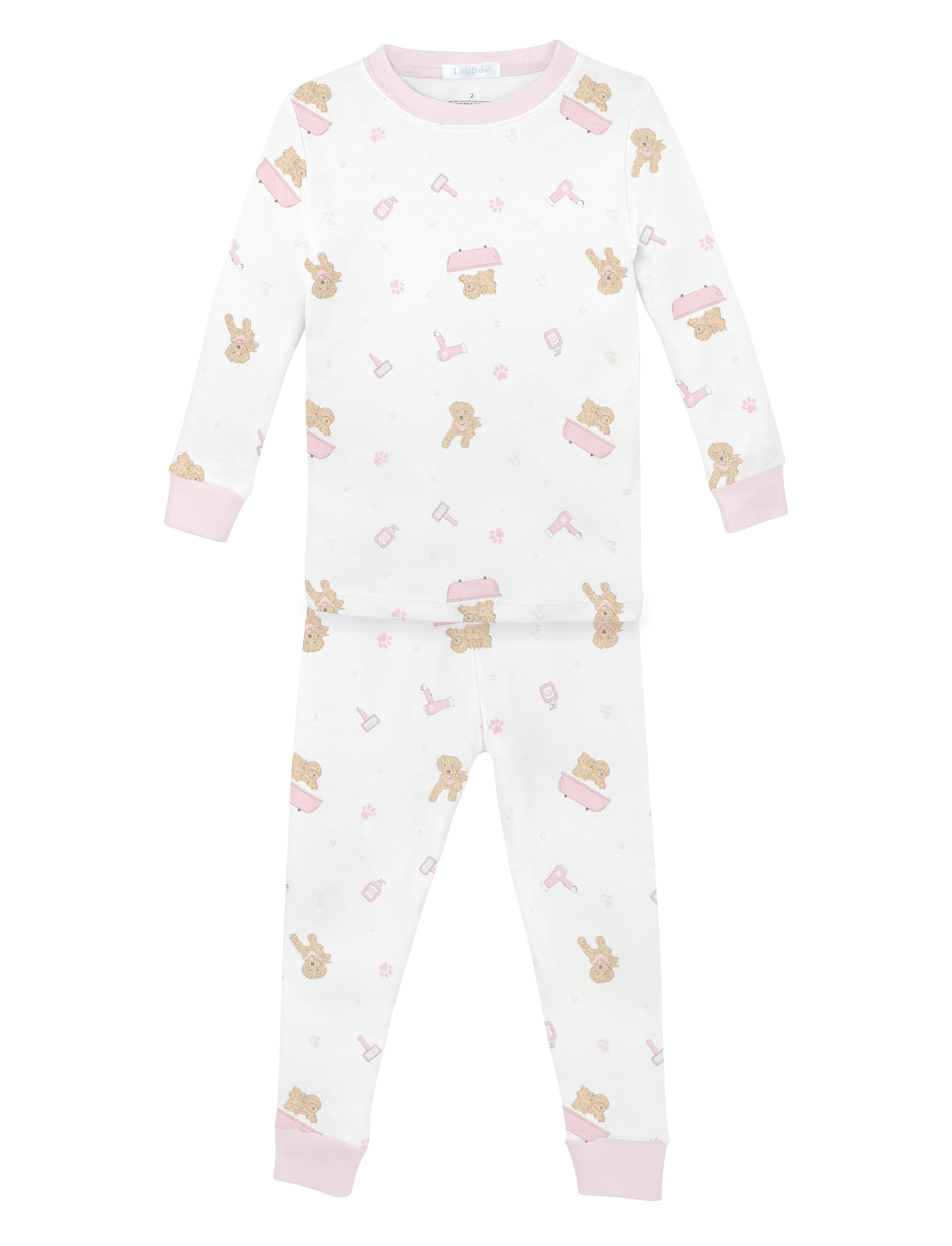 Soft baby girl pajama set in Peruvian Pima cotton with 'Pet spa' print — breathable and hypoallergenic luxury sleepwear from boutique baby clothing collections.
