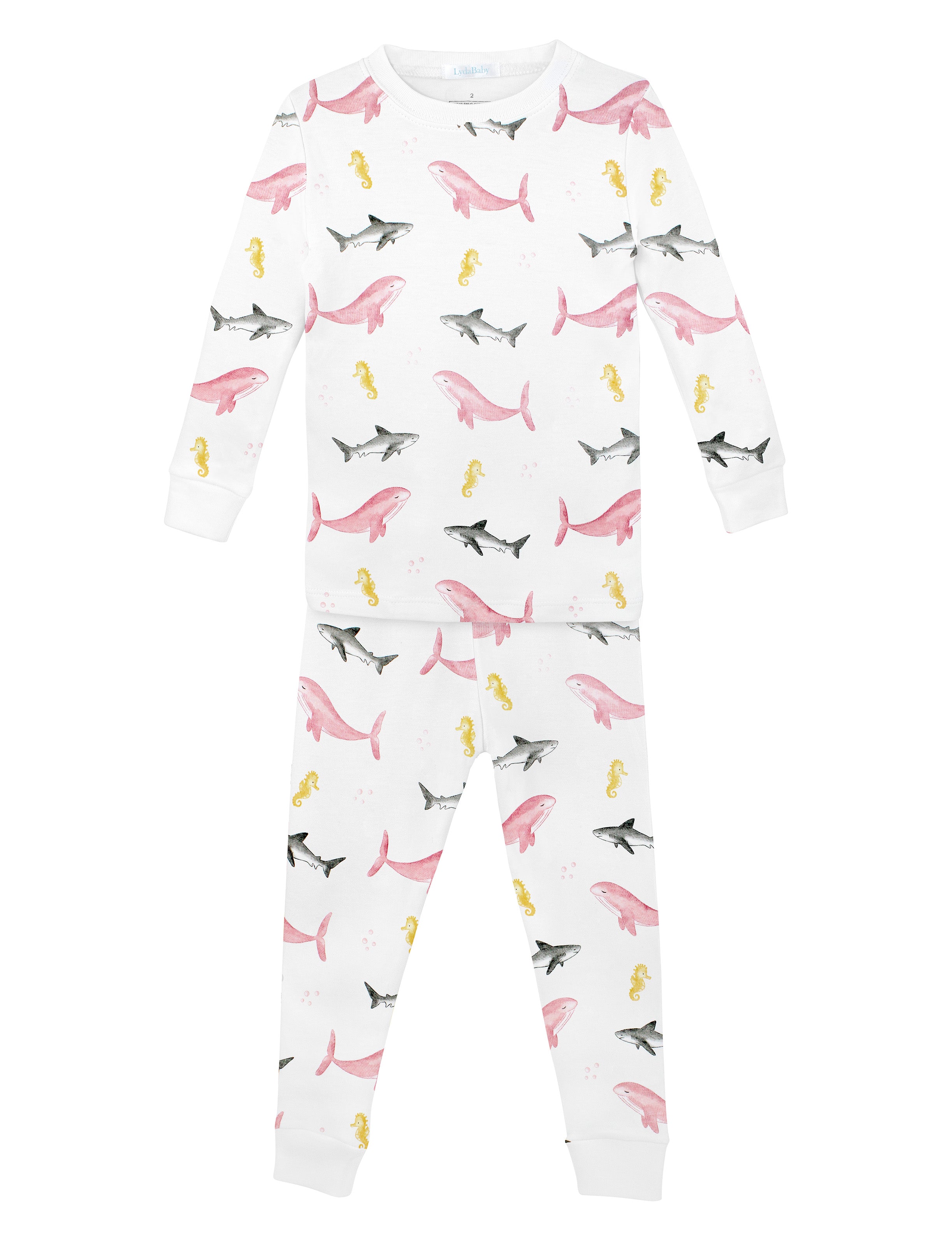 Soft baby girl pajama set in Peruvian Pima cotton with 'Sea animals' print — breathable and hypoallergenic luxury sleepwear from boutique baby clothing collections.