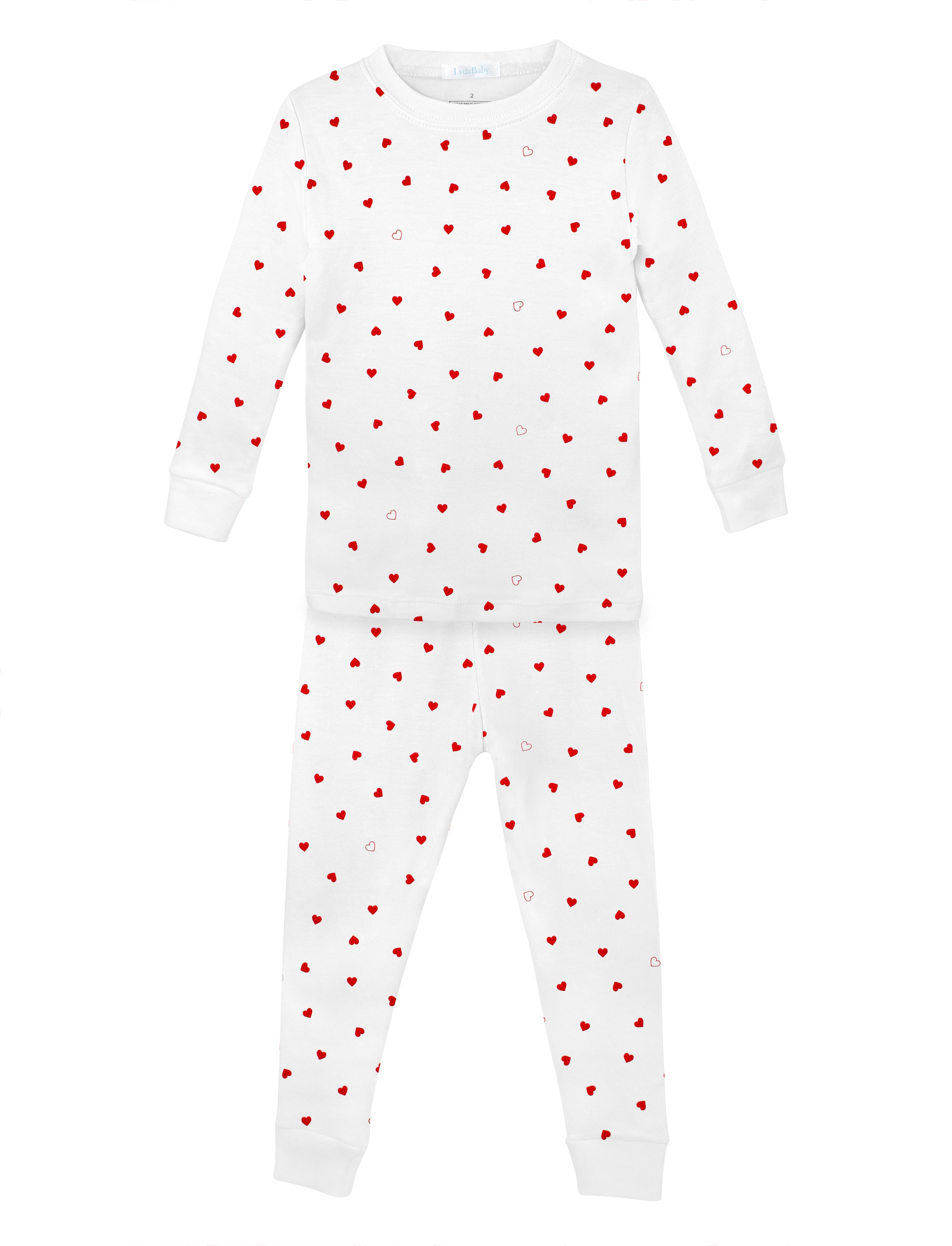 Soft baby girl pajama set in Peruvian Pima cotton with 'Tiny heart' print — breathable and hypoallergenic luxury sleepwear from boutique baby clothing collections.