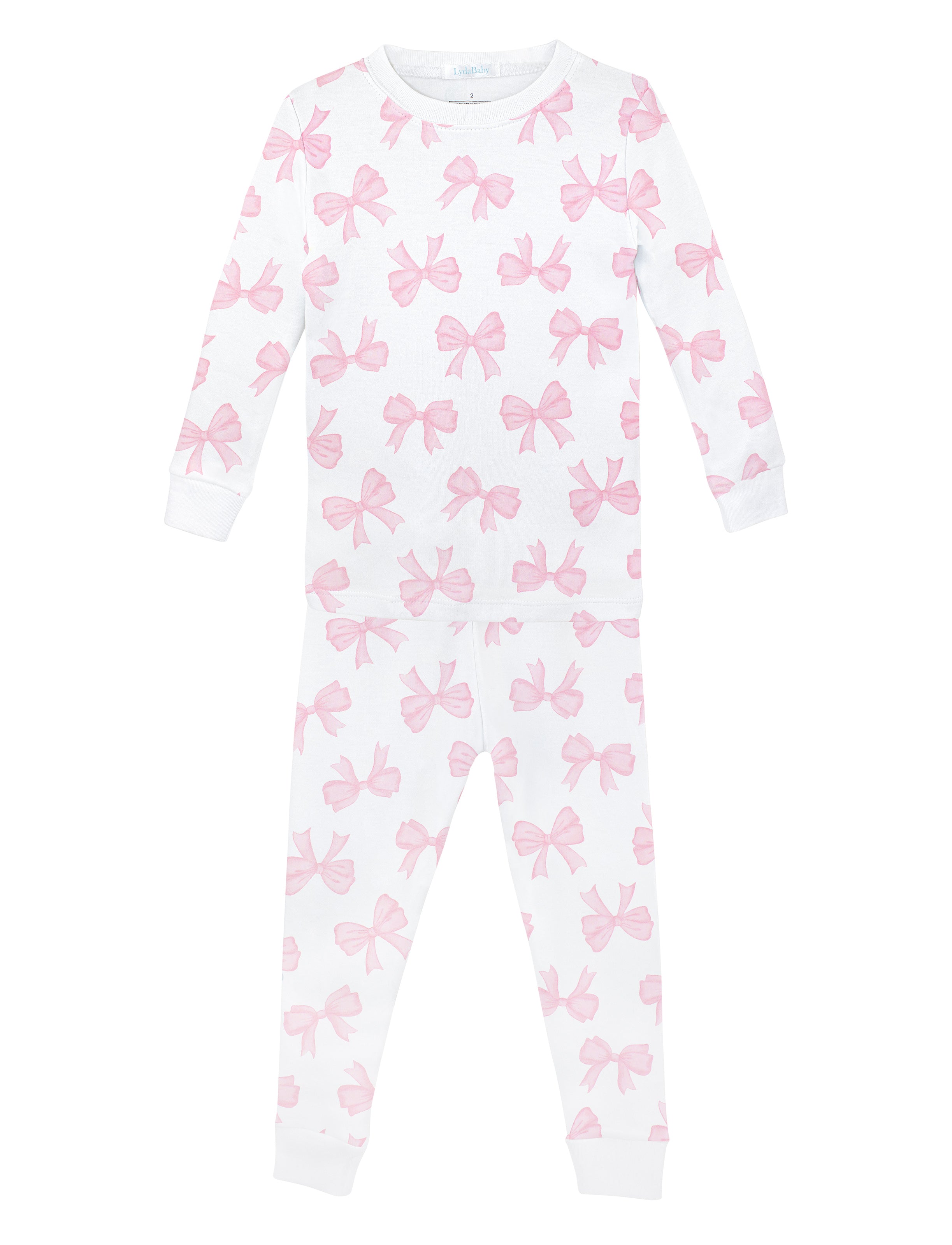 Soft baby girl pajama set in Peruvian Pima cotton with 'Watercolor bows' print — breathable and hypoallergenic luxury sleepwear from boutique baby clothing collections.