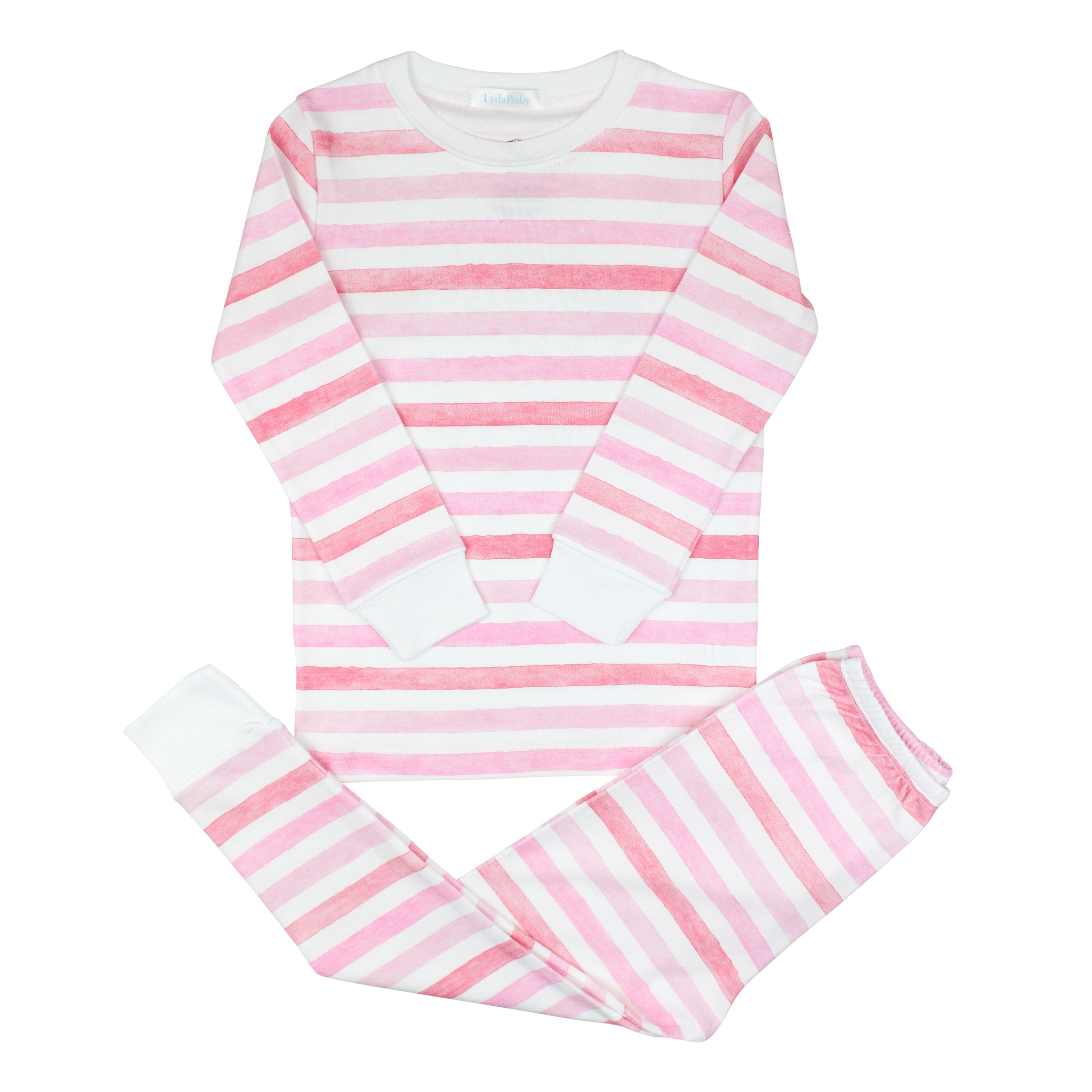 Soft baby girl pajama set in Peruvian Pima cotton with 'Watercolor lines' print — breathable and hypoallergenic luxury sleepwear from boutique baby clothing collections.
