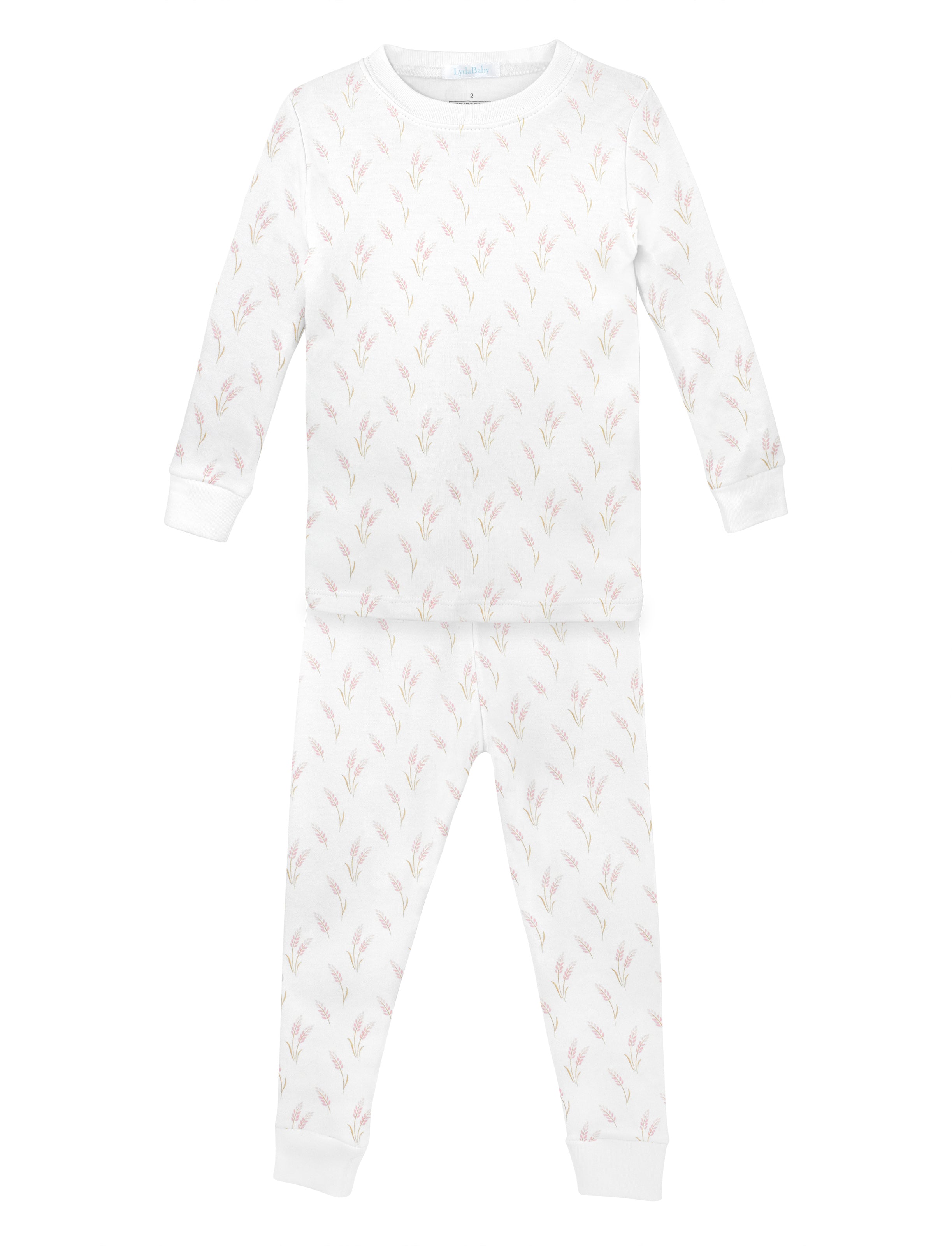 Soft baby girl pajama set in Peruvian Pima cotton with 'Wheat spikes' print — breathable and hypoallergenic luxury sleepwear from boutique baby clothing collections.
