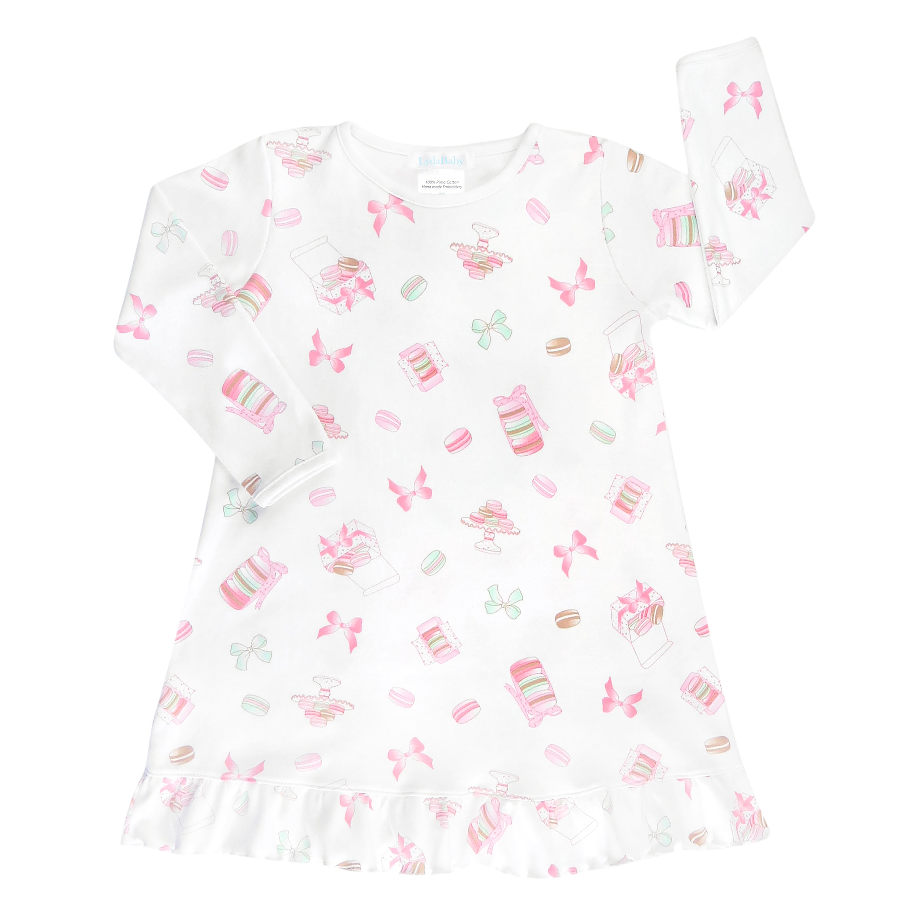Luxury sleep dress for baby girls made with 100% Peruvian Pima cotton, featuring sweet macaroon and bows print — hypoallergenic and perfect for sensitive skin.
