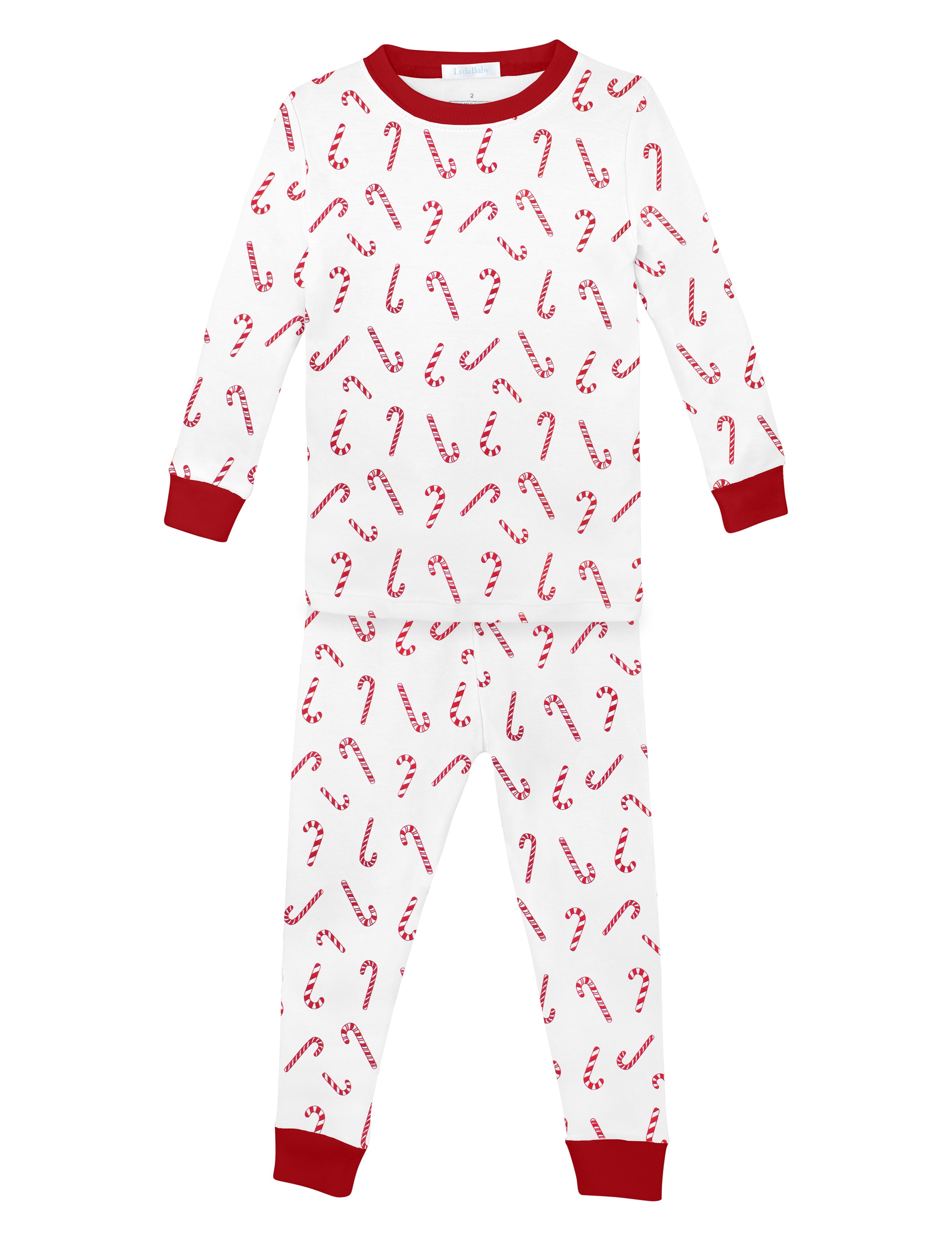 White unisex baby pajama set with long-sleeve top and pants, featuring red candy cane print.