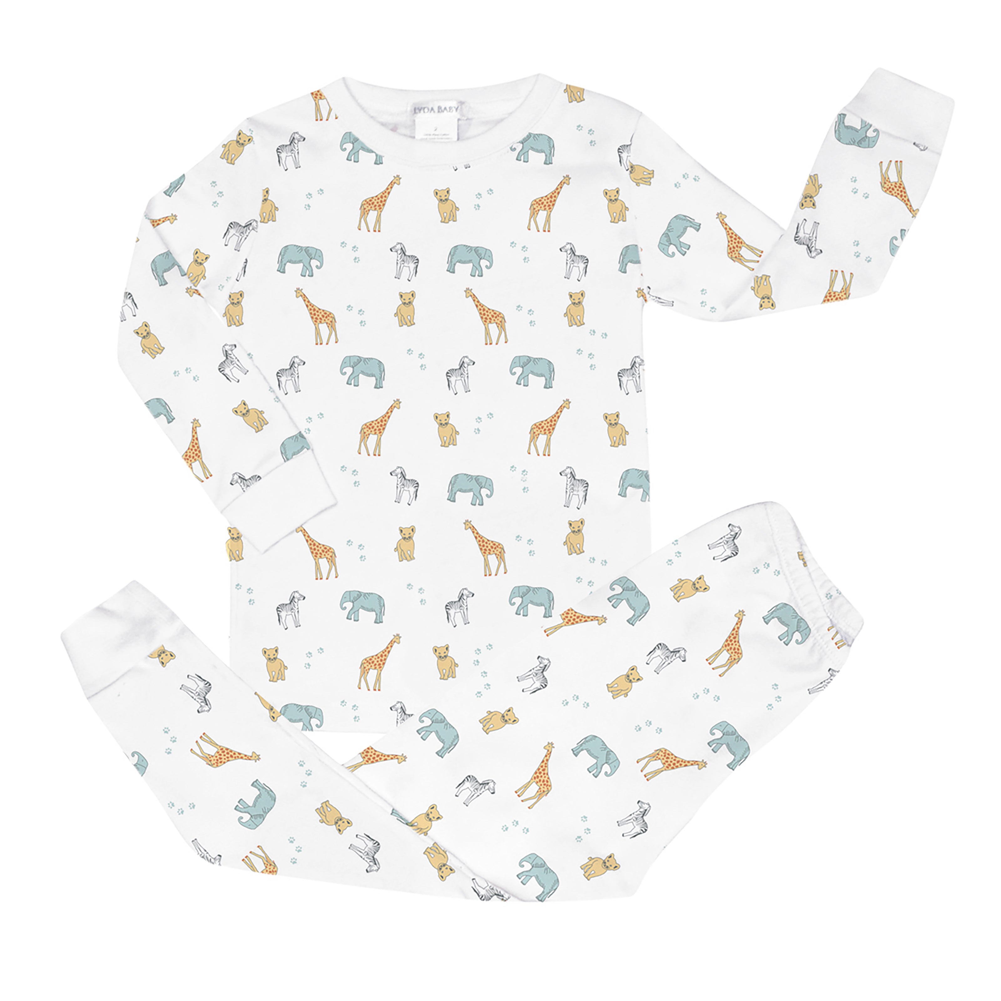 Unisex baby pajama set in Peruvian Pima cotton with 'Safari animals' print — breathable and hypoallergenic luxury sleepwear from boutique baby clothing collections.
