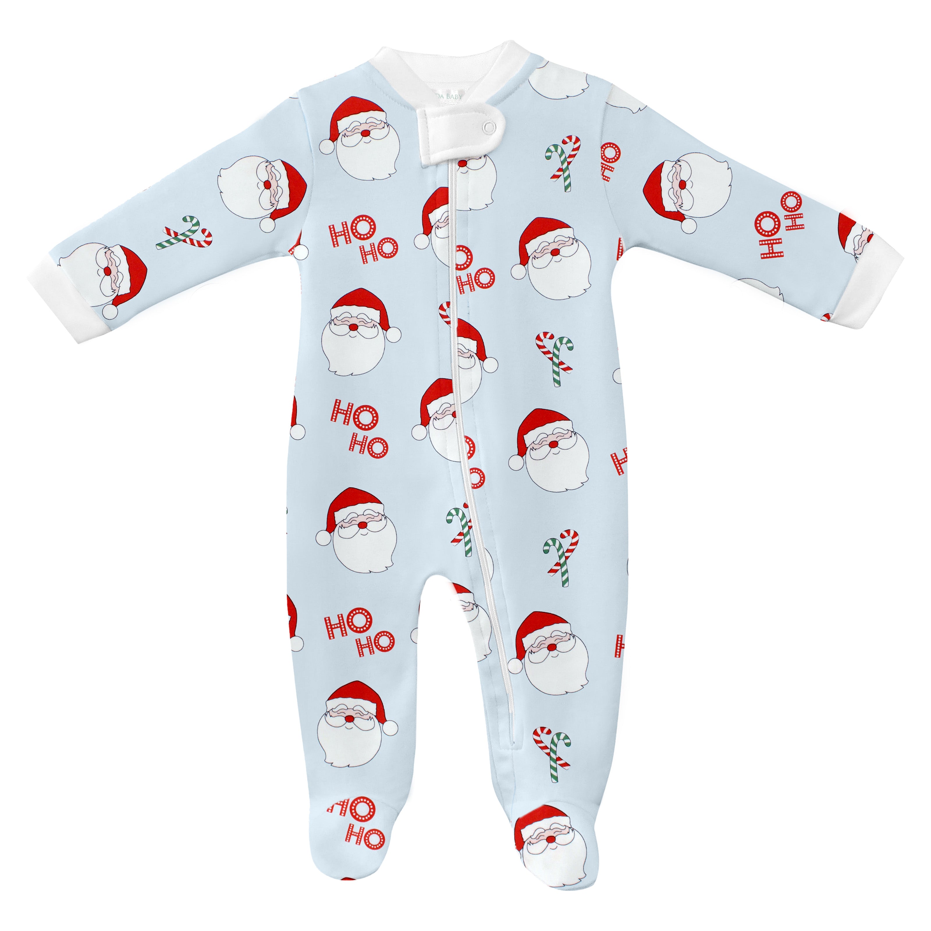 Celeste baby zipper pajama with white sleeves and collar, Santa Claus faces, Ho Ho lettering, and candy canes.
