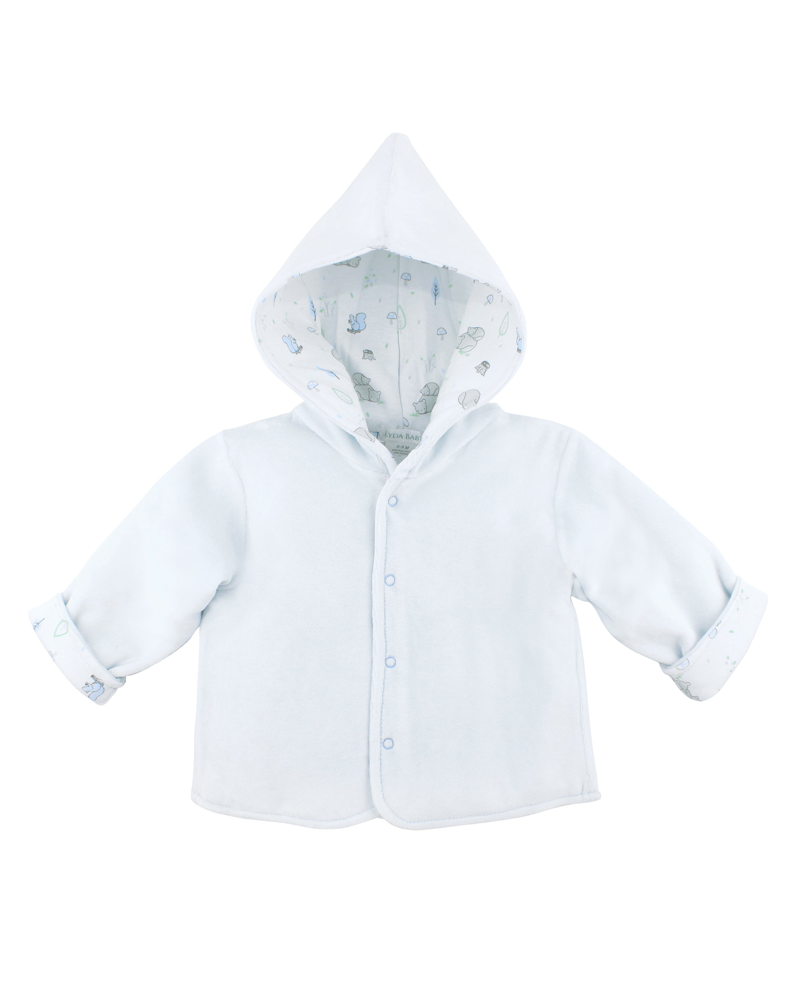 Blue velour baby boy jacket with hood and forest animals print lining — double-lined and ultra-soft for cozy comfort.