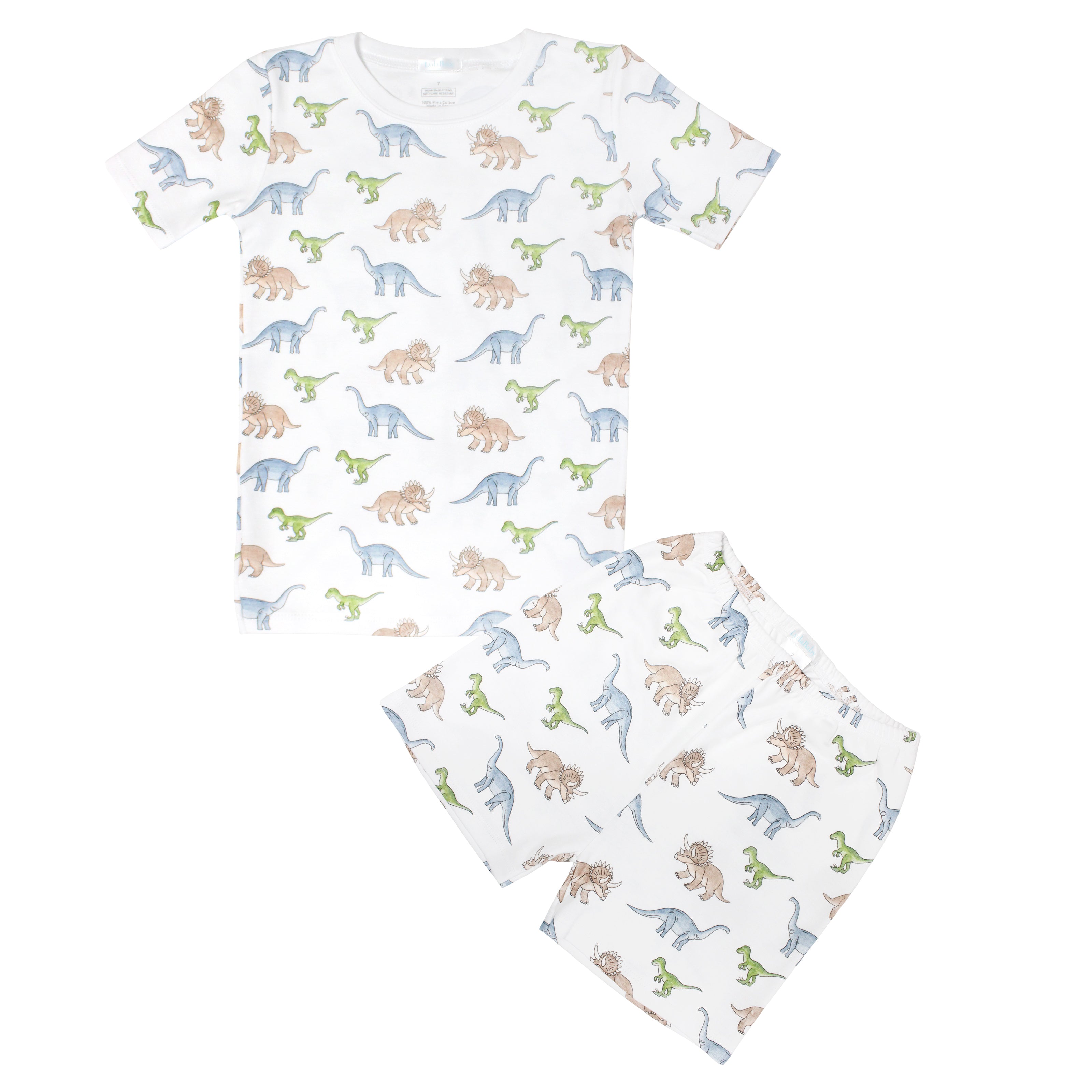 Summer pajama set with short pants for baby boy in printed Peruvian Pima cotton featuring 'Big dinos' design — ultra-soft, breathable, and hypoallergenic sleepwear, ideal for luxury boutique baby clothes.