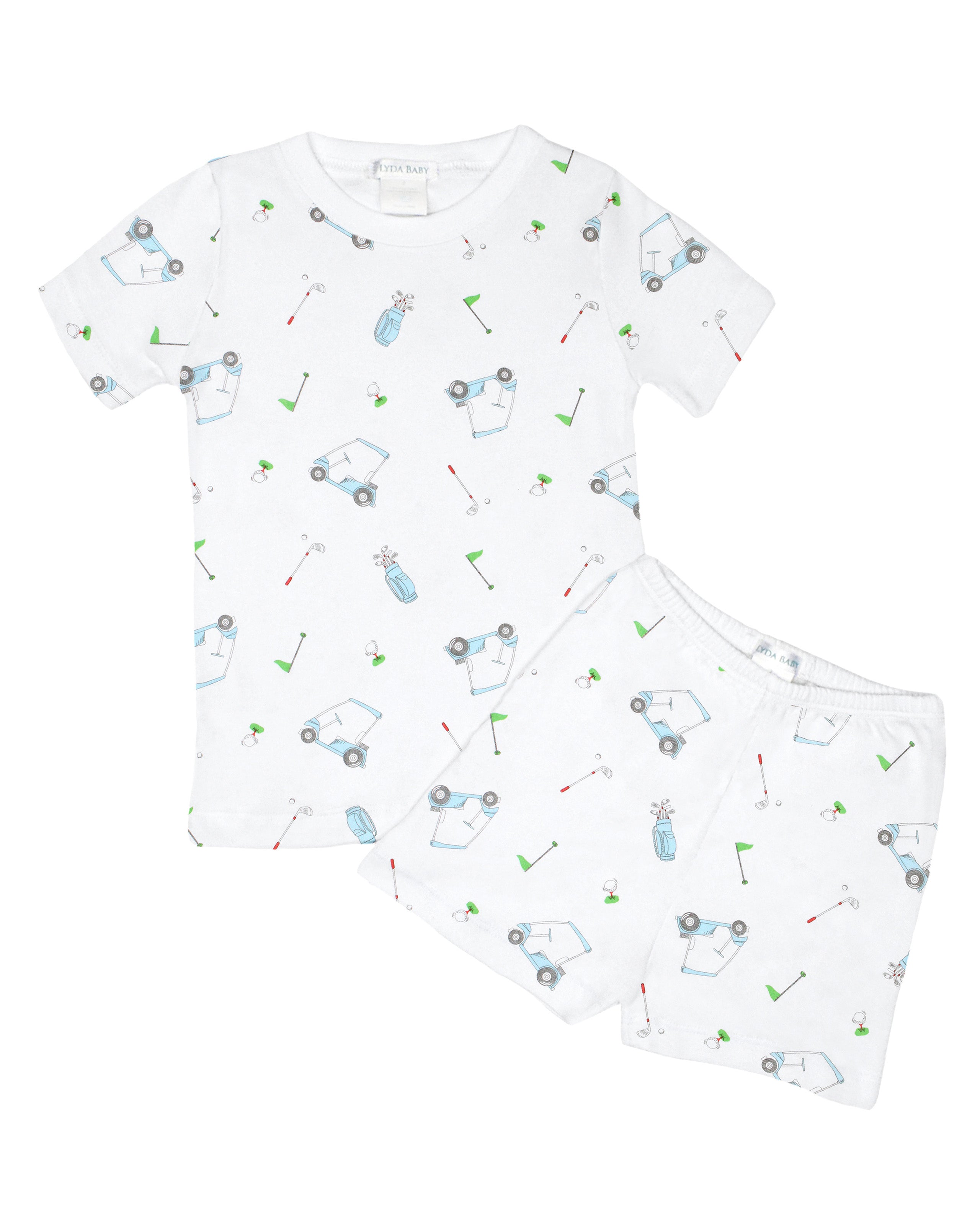 Summer pajama set with short pants for baby boy in printed Peruvian Pima cotton featuring 'Golf game' design — ultra-soft, breathable, and hypoallergenic sleepwear, ideal for luxury boutique baby clothes.