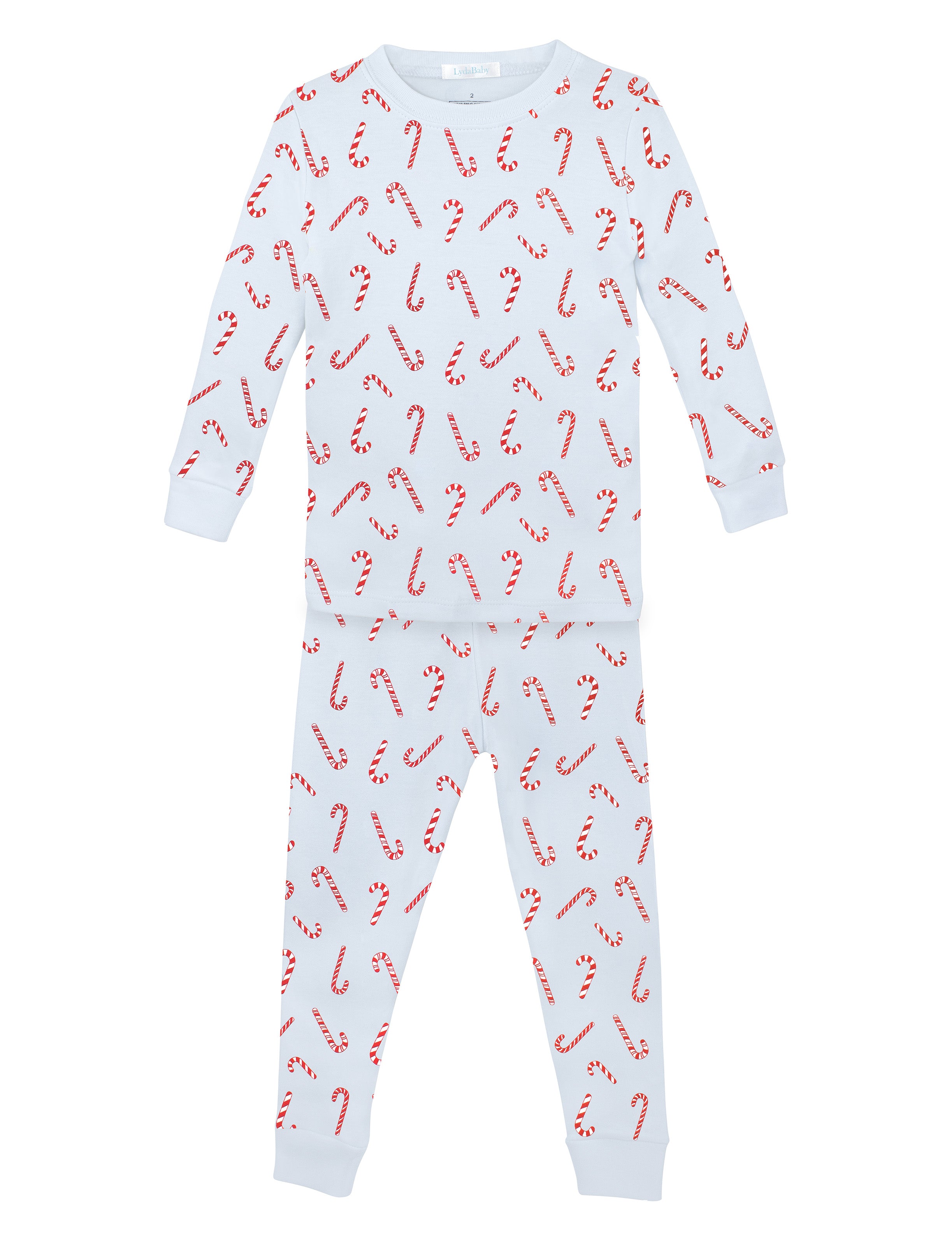 Blue two-piece Christmas pajama set for boys, crafted from Peruvian Pima cotton, with festive red candy cane print on shirt and pants.