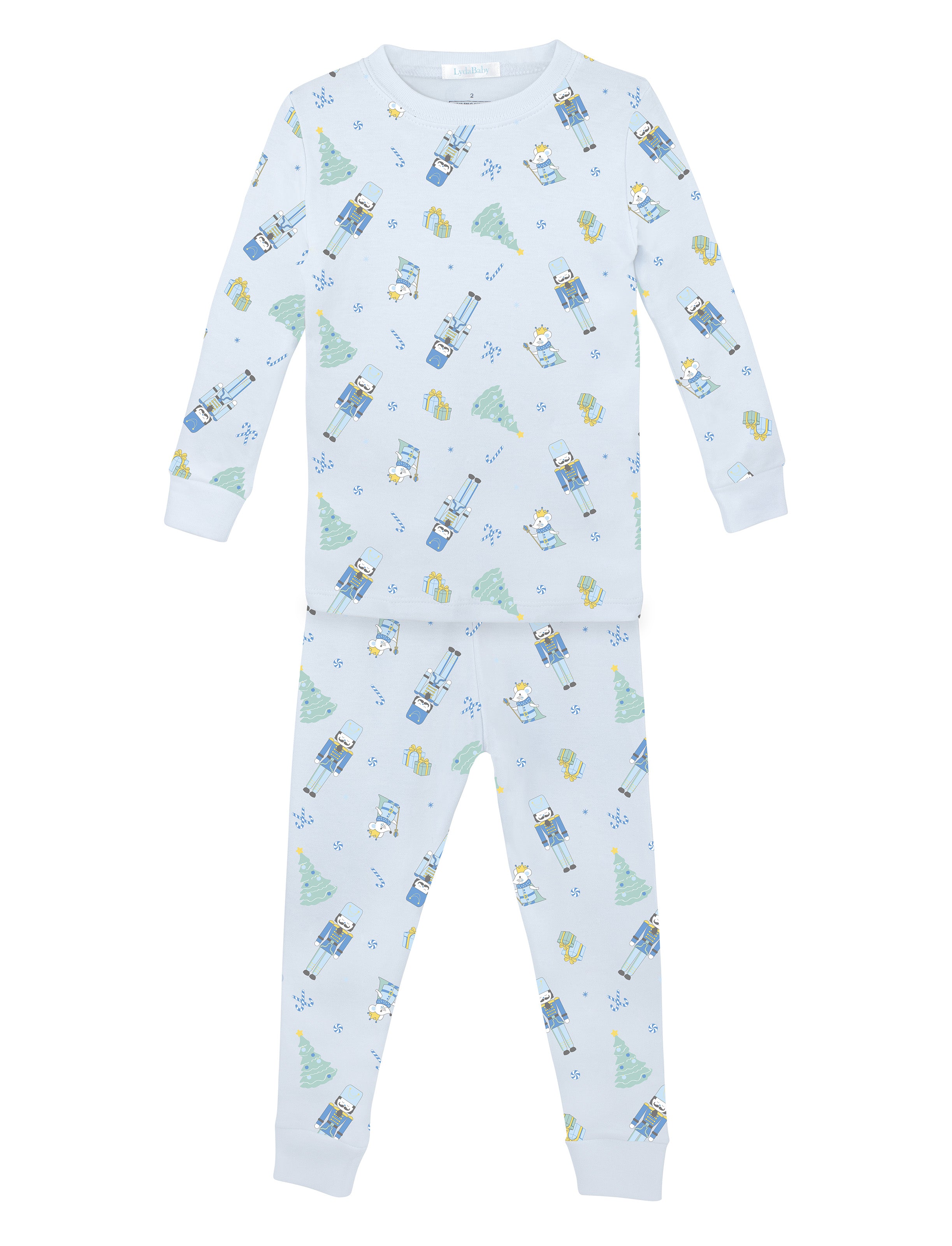 Light blue two-piece boys’ pajama set in Peruvian Pima cotton with festive nutcracker and Christmas tree print.